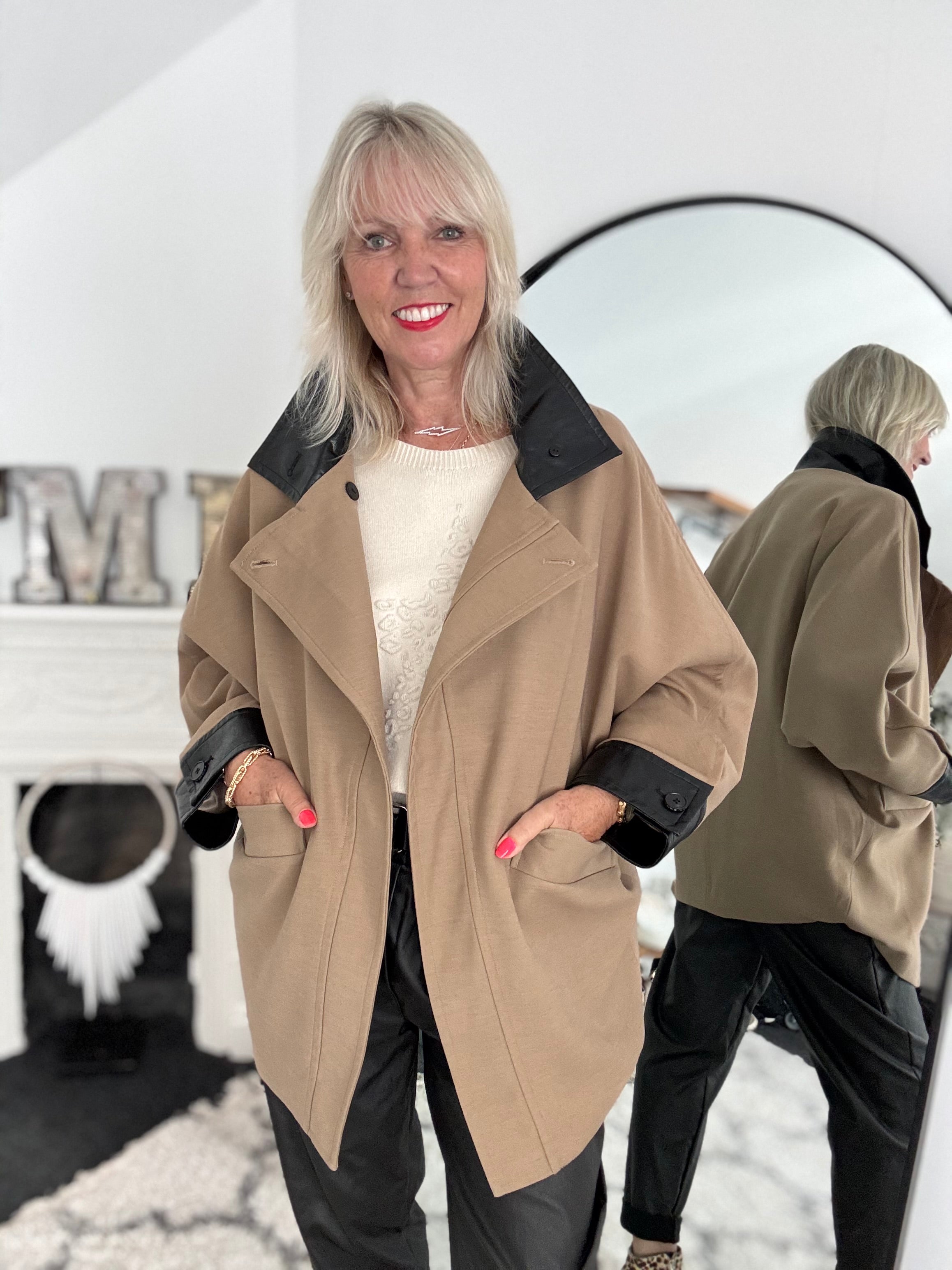 Trench Jacket with Leather Collar & Cuffs