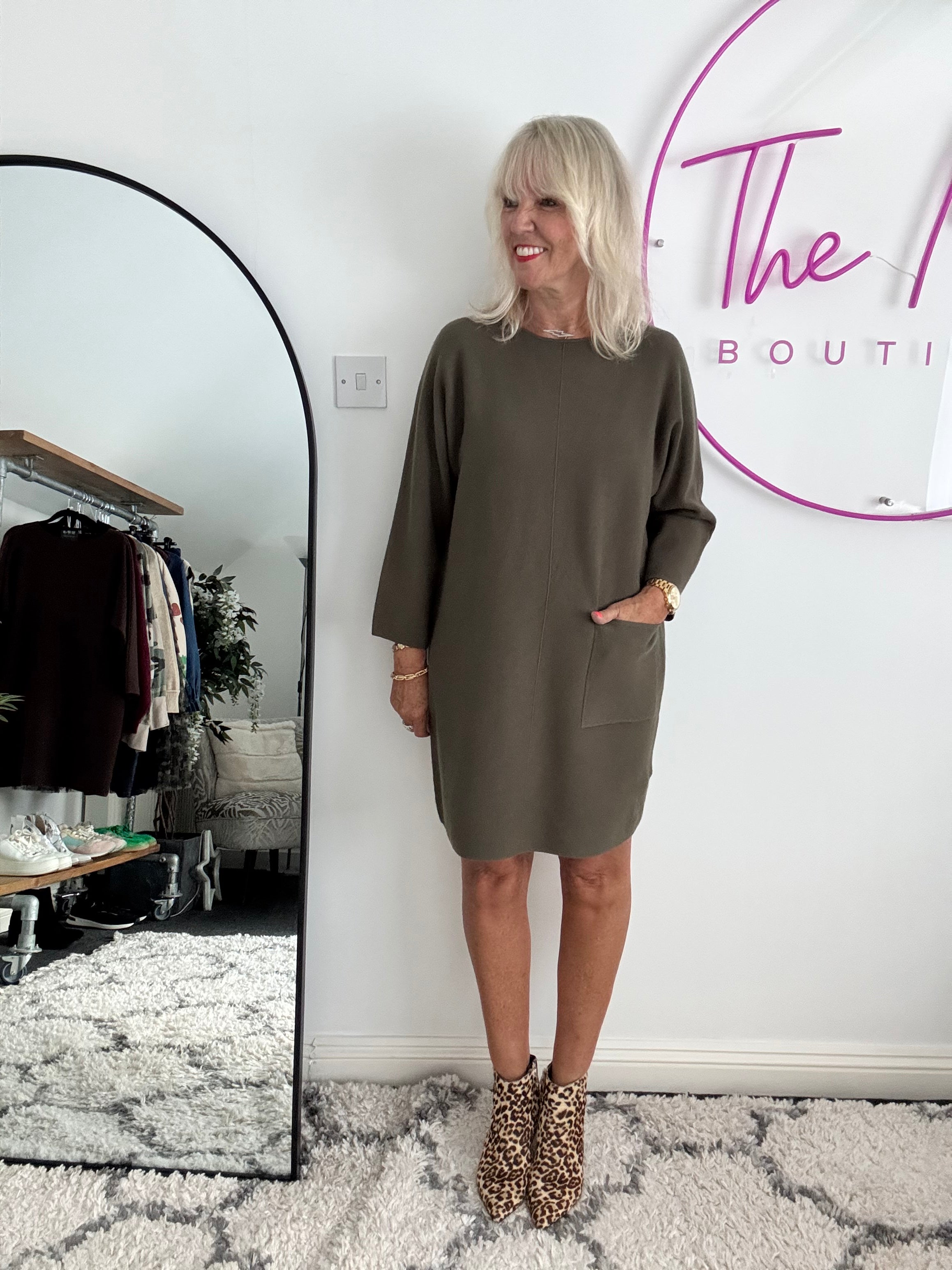 Luxe Knitted Pocket Dress in Dark Khaki