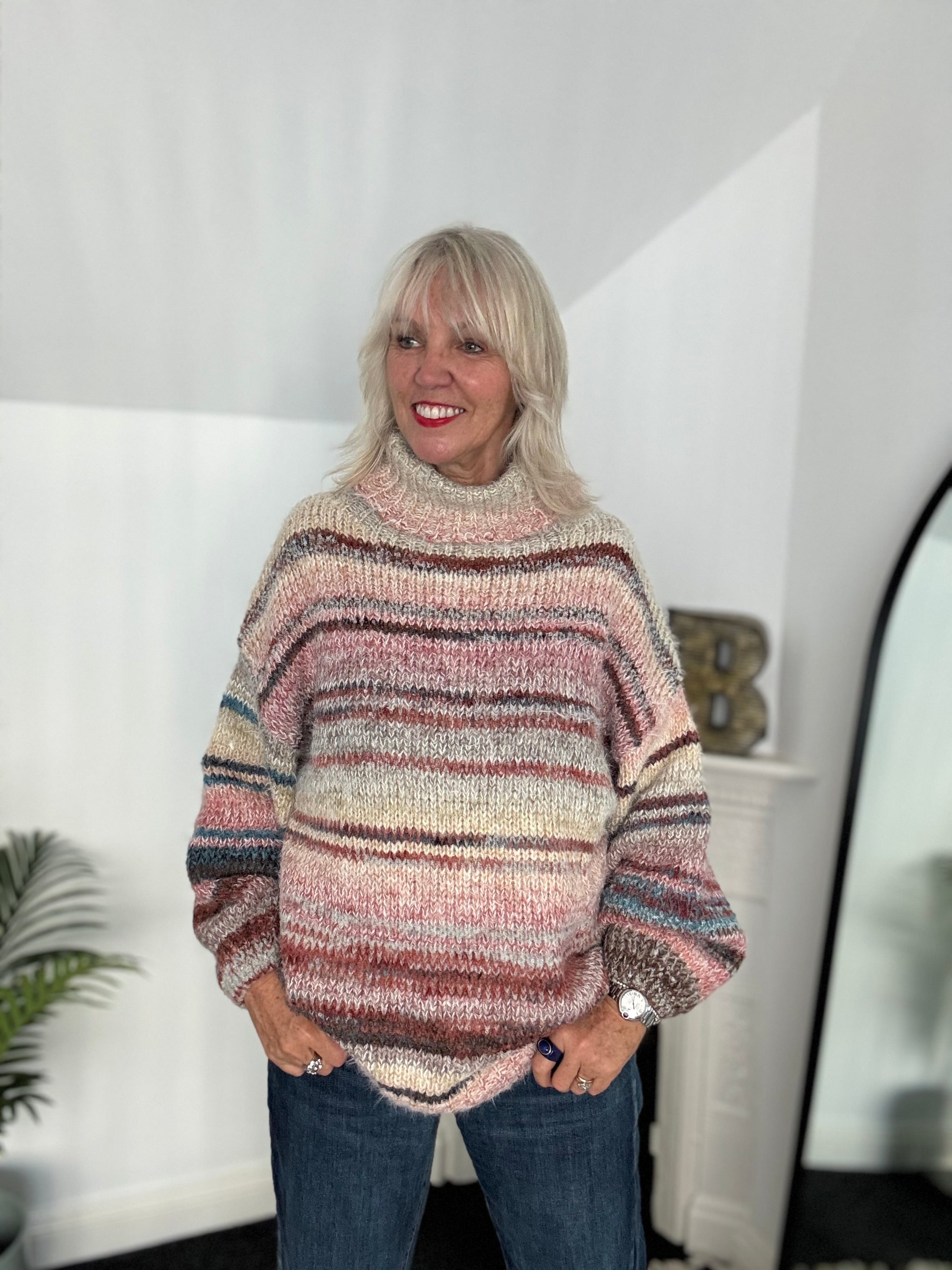 Oversized Stripe Roll Neck Jumper in Pink & Mocha