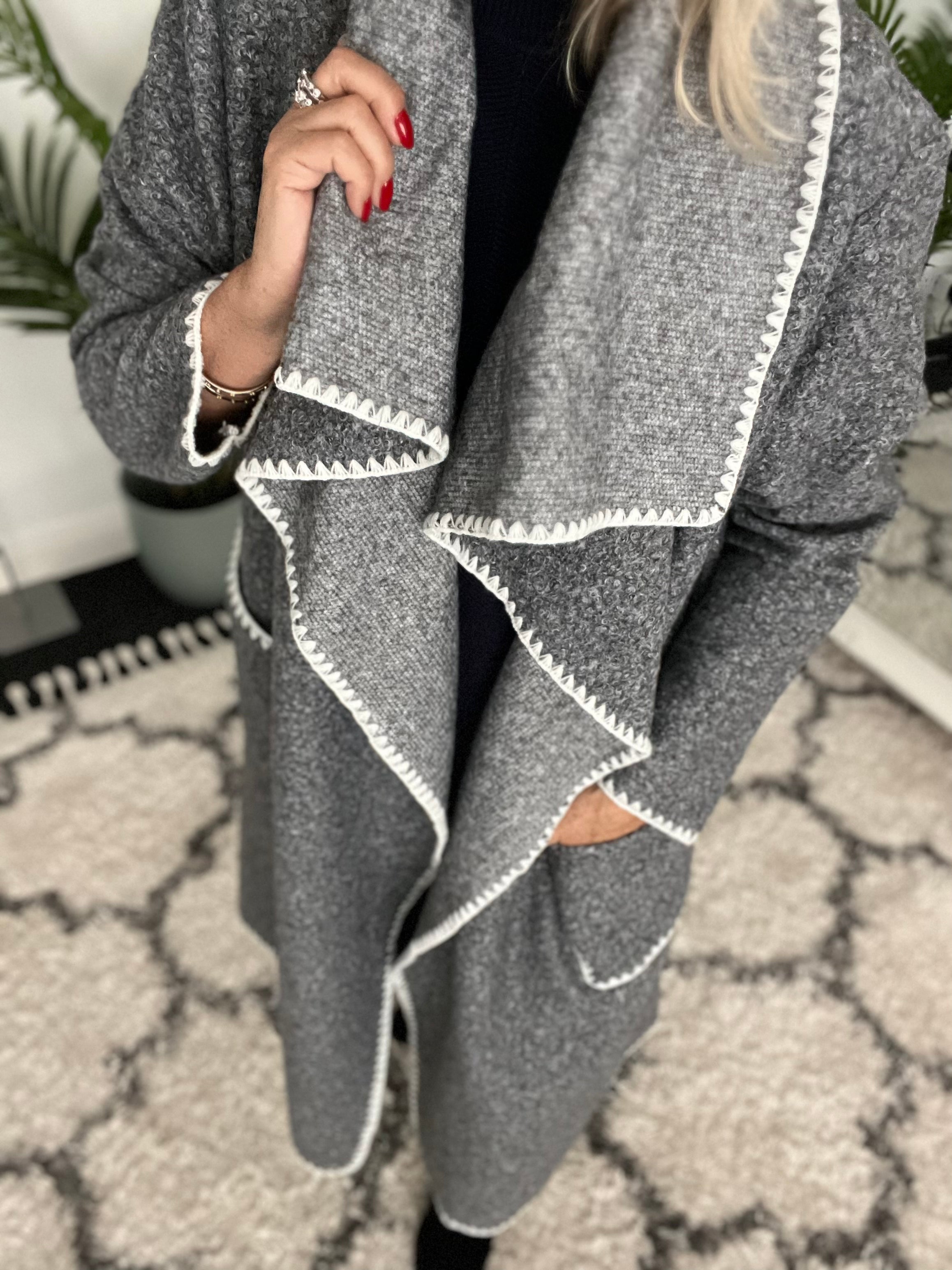 Blanket Stitch Boucle Coat in Grey