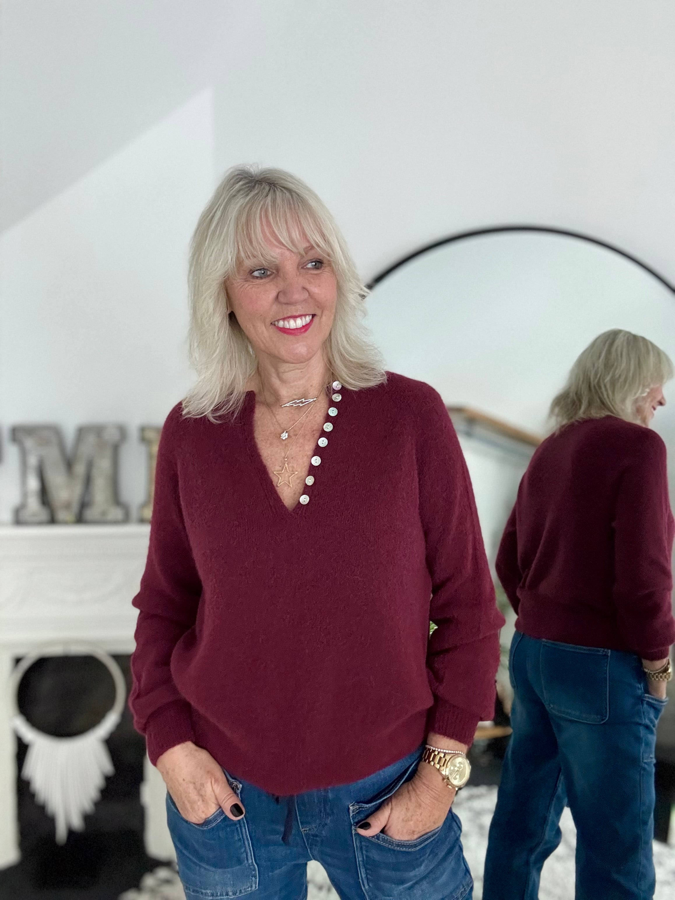 Softie Jumper with Button Neck in Wine