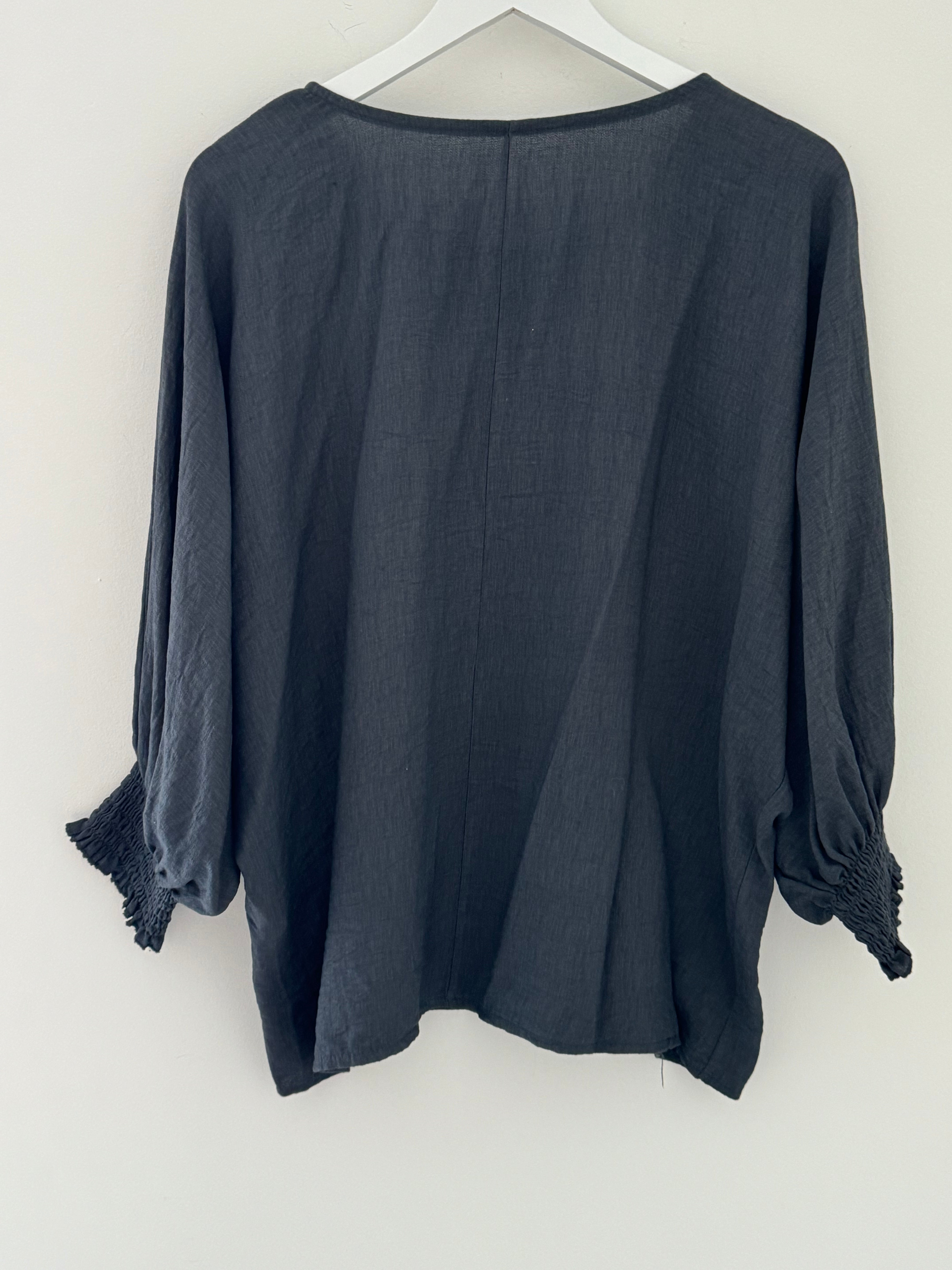 Crepe Top with Shirred Cuffs in Anthracite