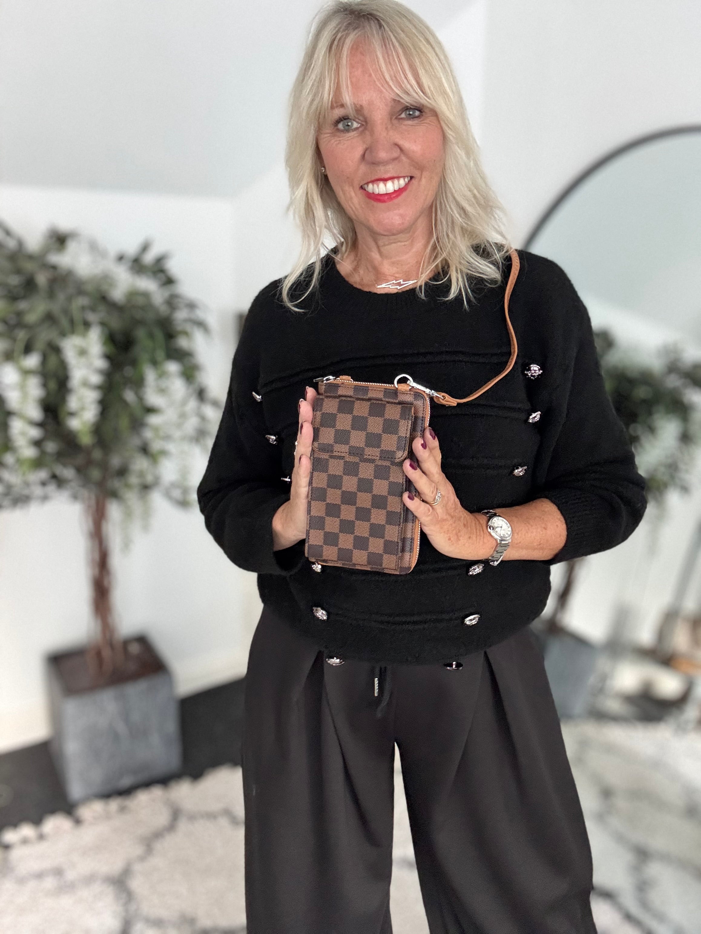 Check Phone Bag/Wallet in Chocolate & Tan