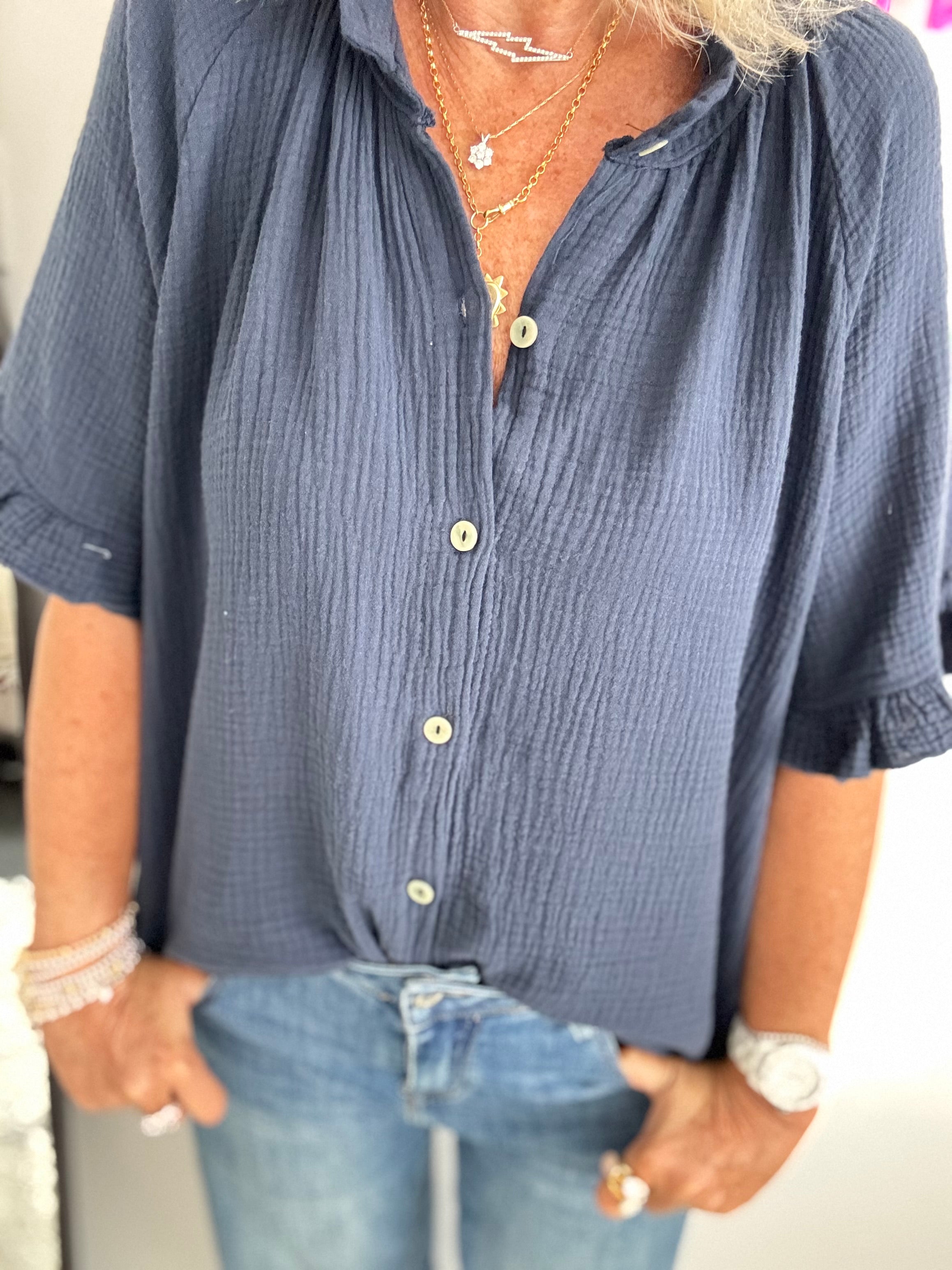 Short Sleeve Cheesecloth Shirt in Navy