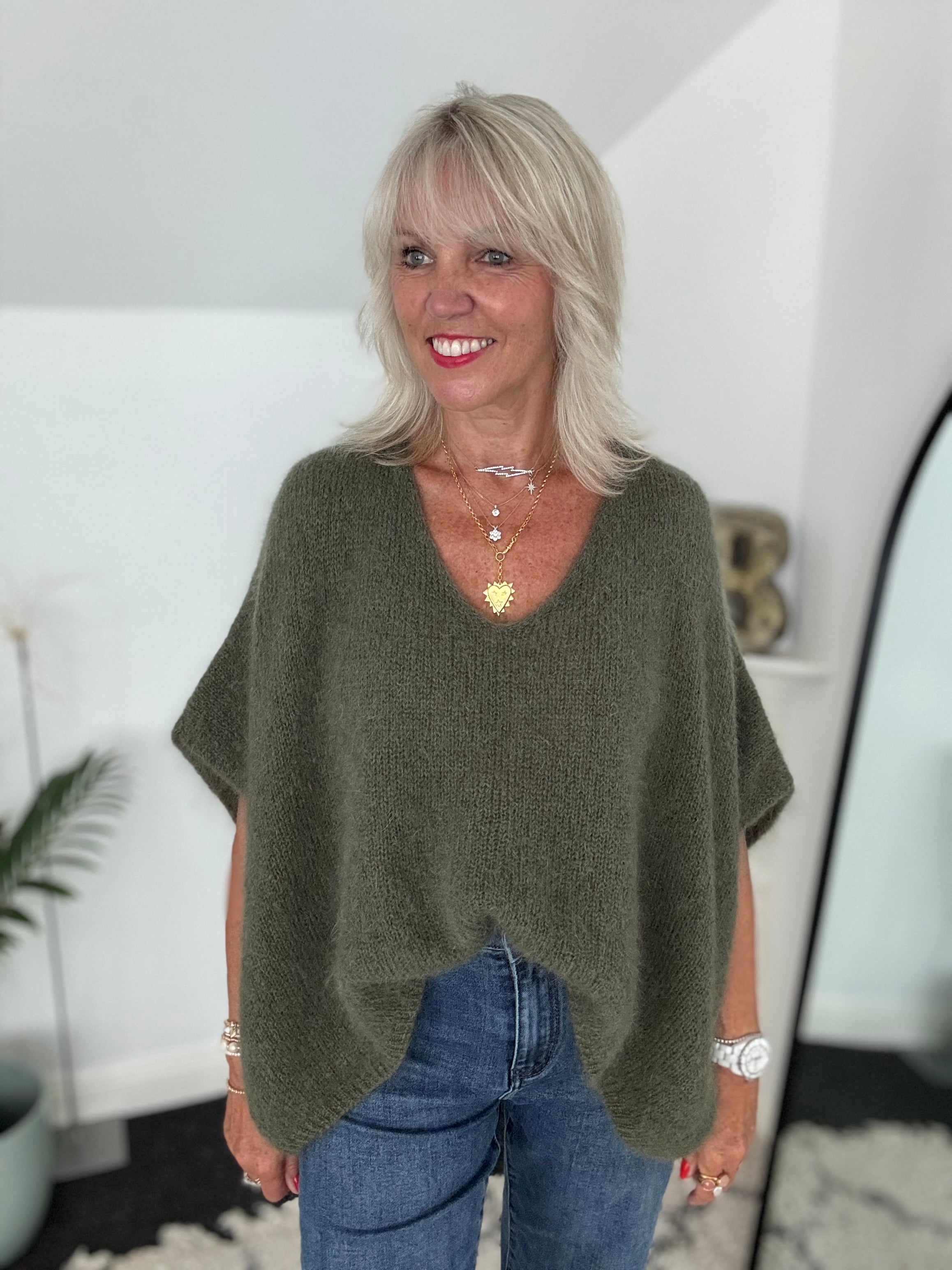 Oversized Mohair V Neck Tank in Khaki