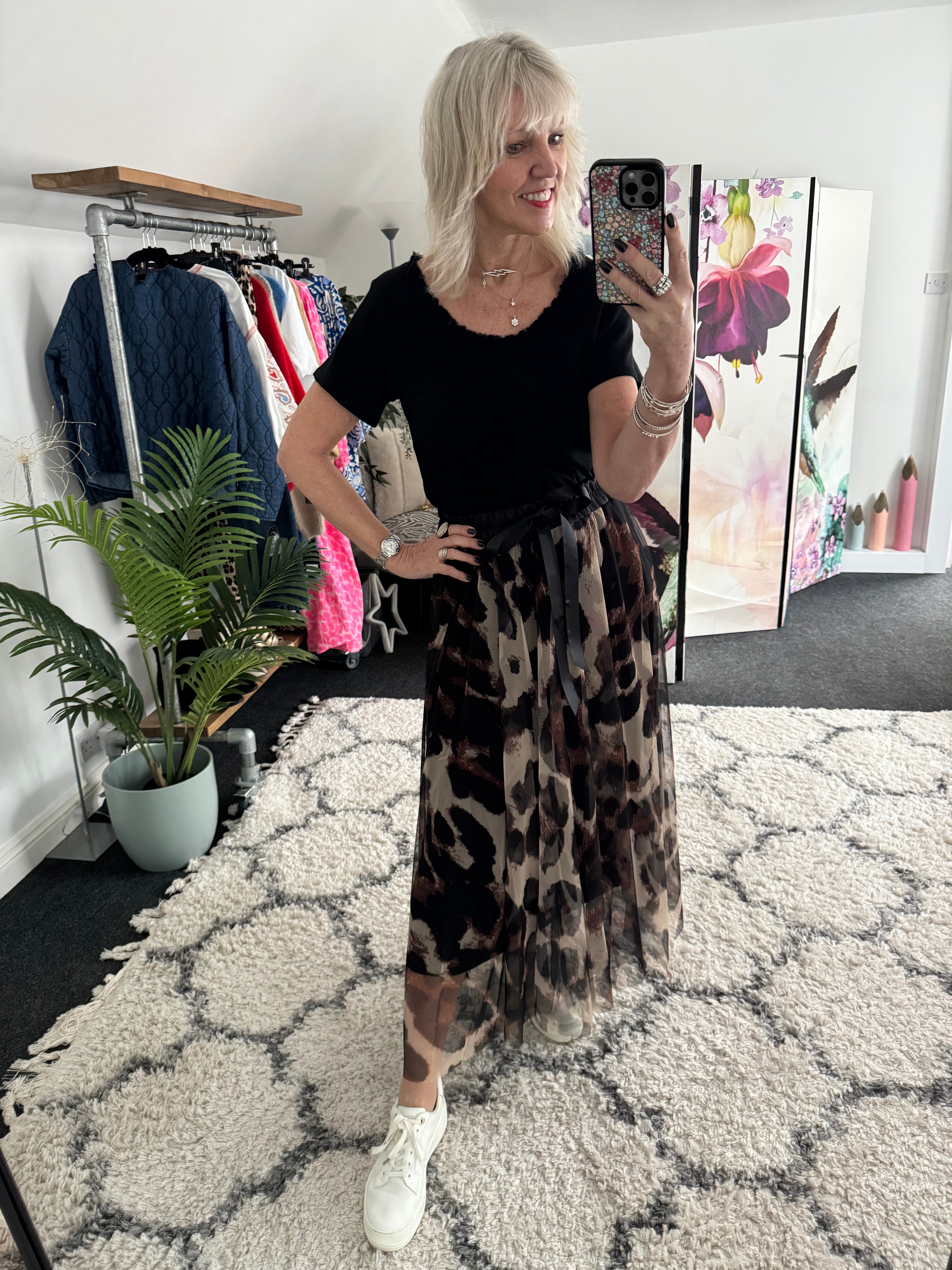 Tulle Midi Skirt in Black & Tan Leopard