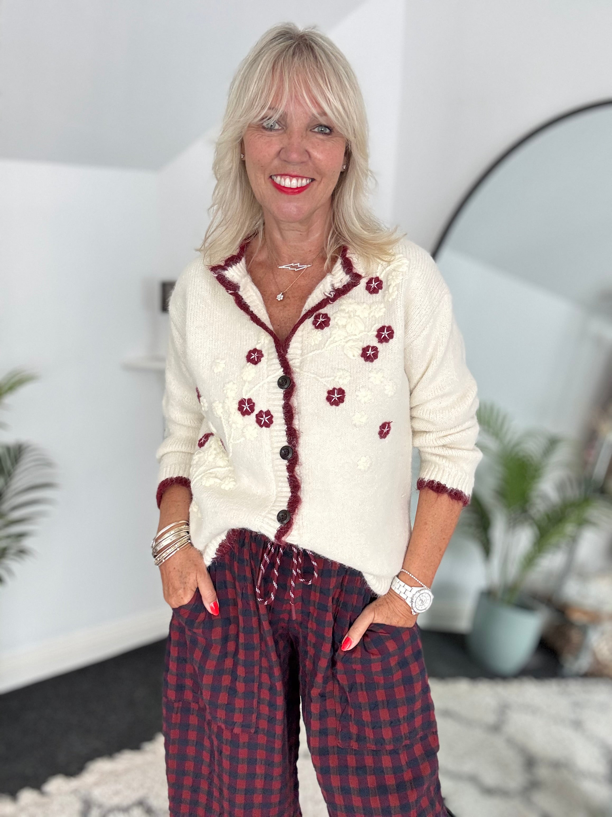 Soft Cardi with Embroidered Flowers in Vanilla & Berry