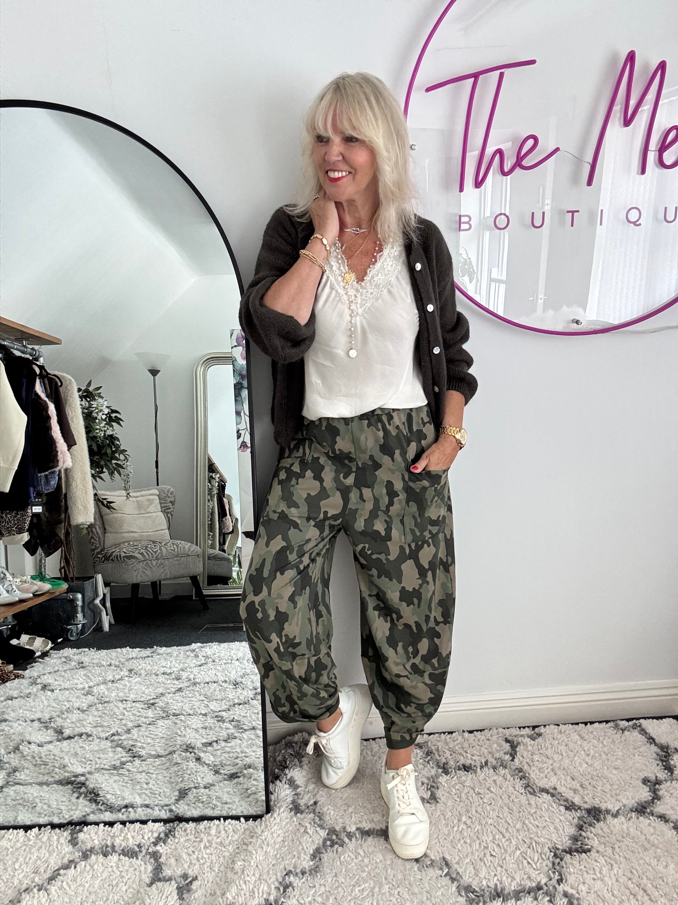 Barrel Cotton Jersey Trousers in Khaki Camo