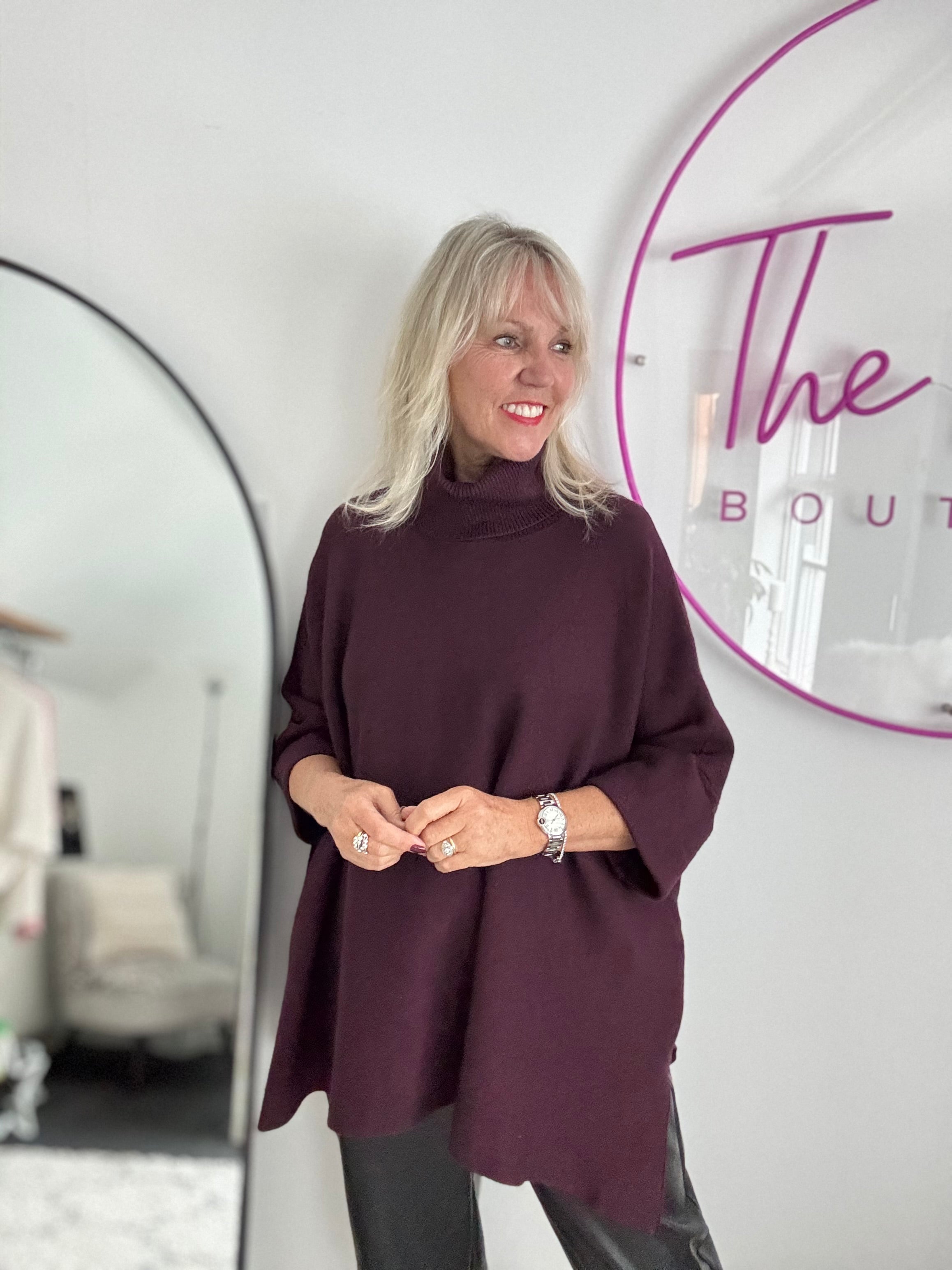 Oversized Roll Neck Poncho Jumper in Plum