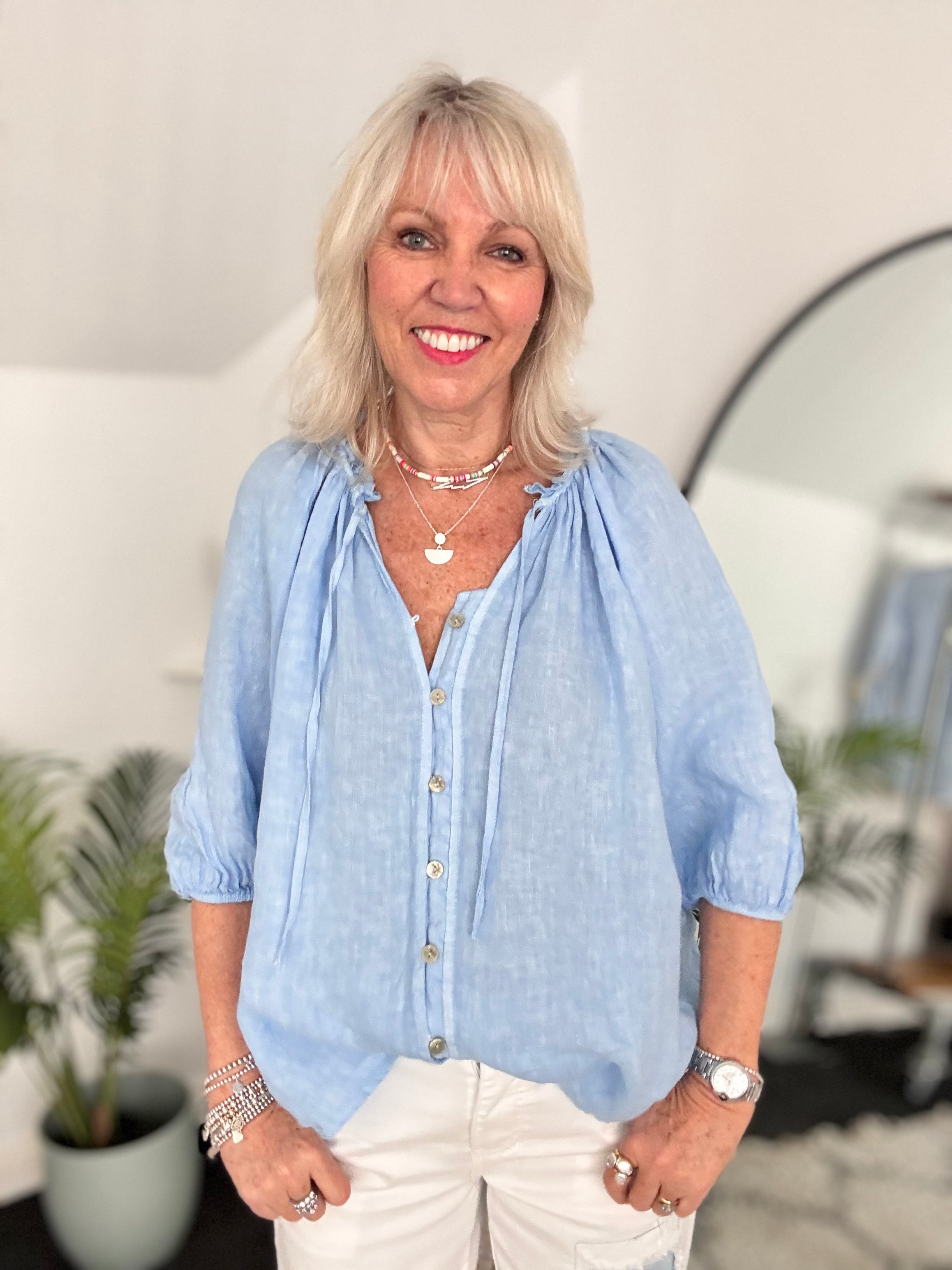 Pure Linen Designer Blouse in Sky Blue