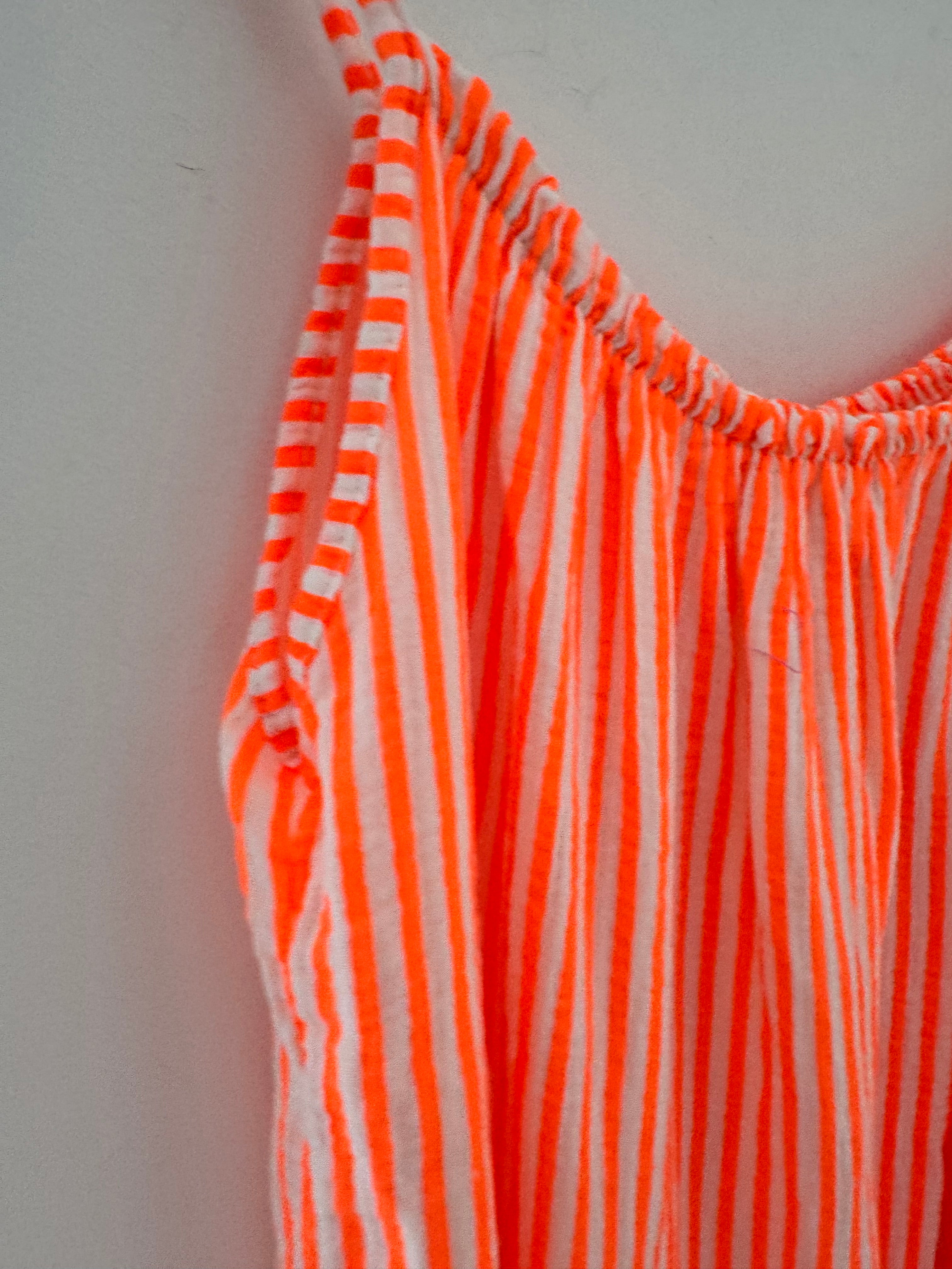 Stripe Cheesecloth Dress in Neon Orange & White