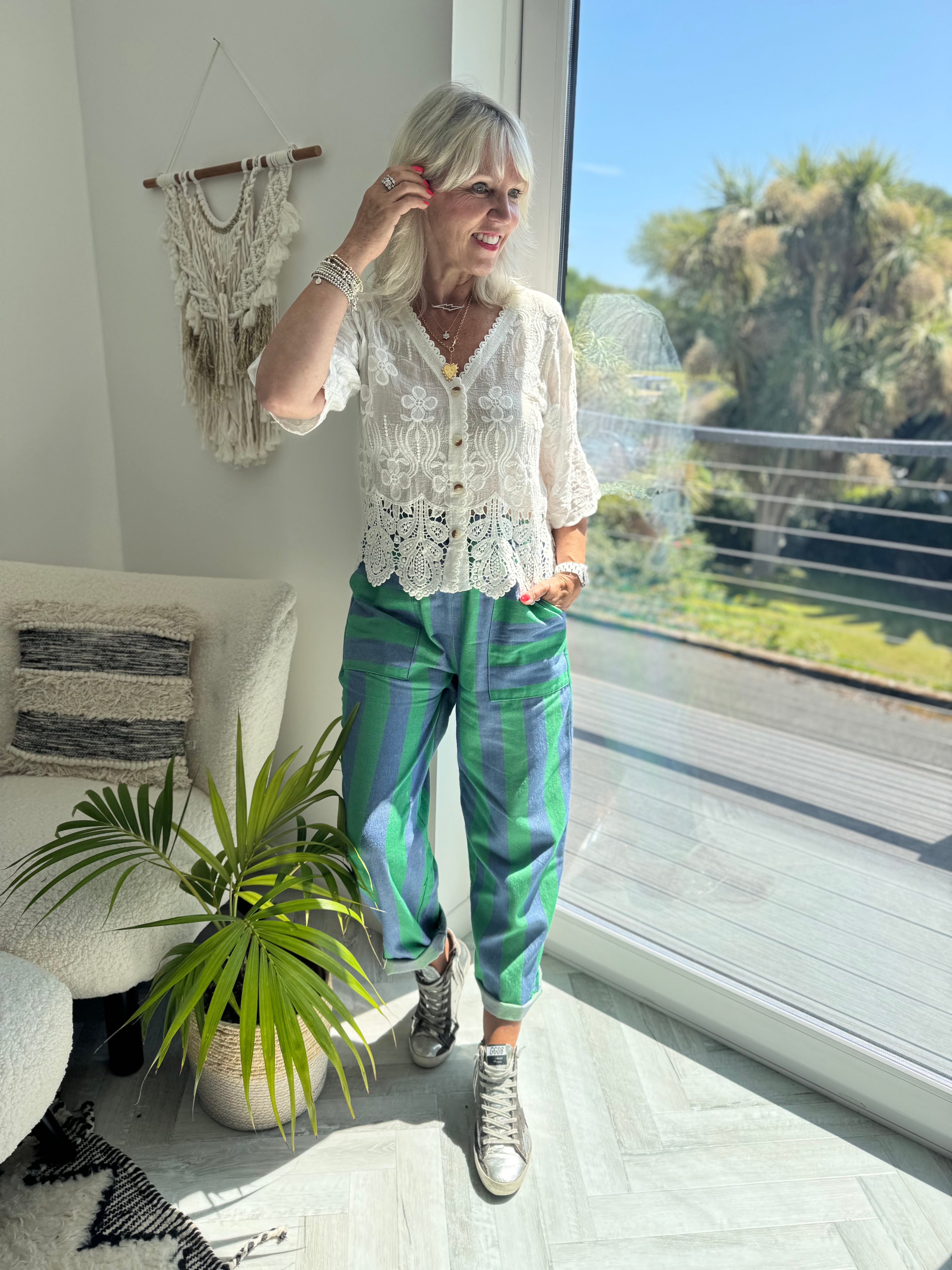 Stripe Trousers with Deep Pockets in Blue & Green