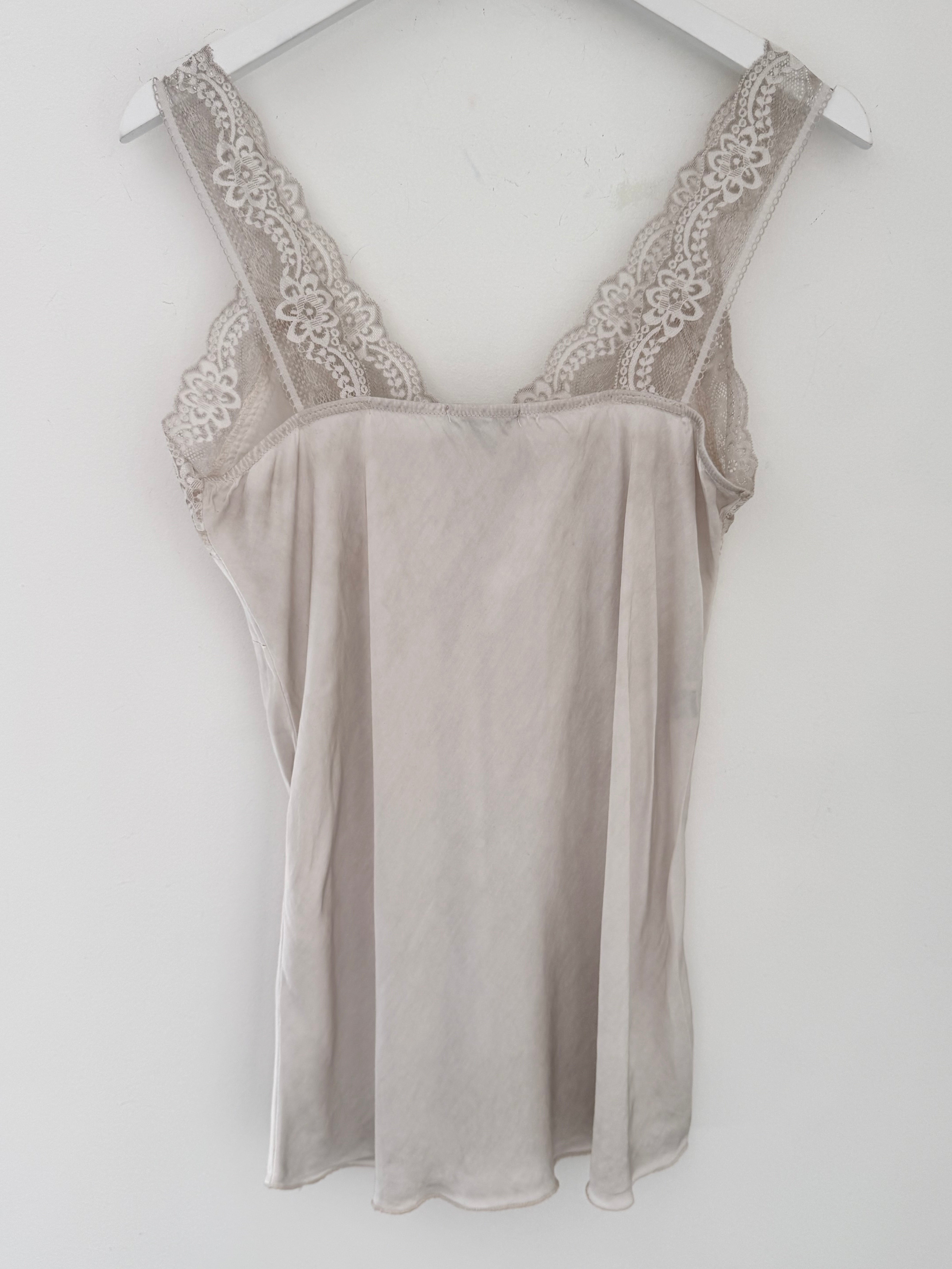 Lace Trim Silk Cami in Silvery Ecru