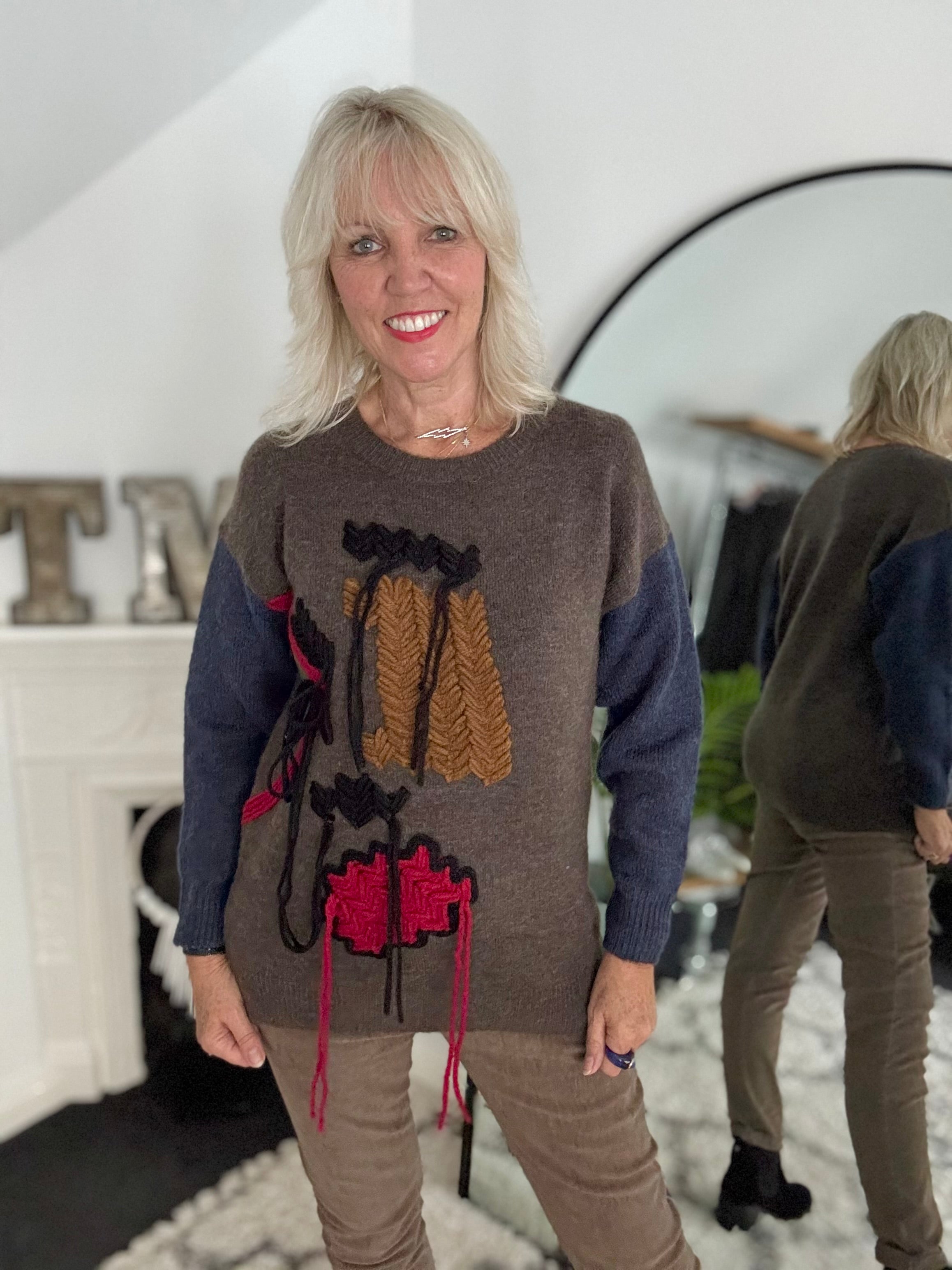 Fringe Cable Knit Jumper in Cocoa & Blue