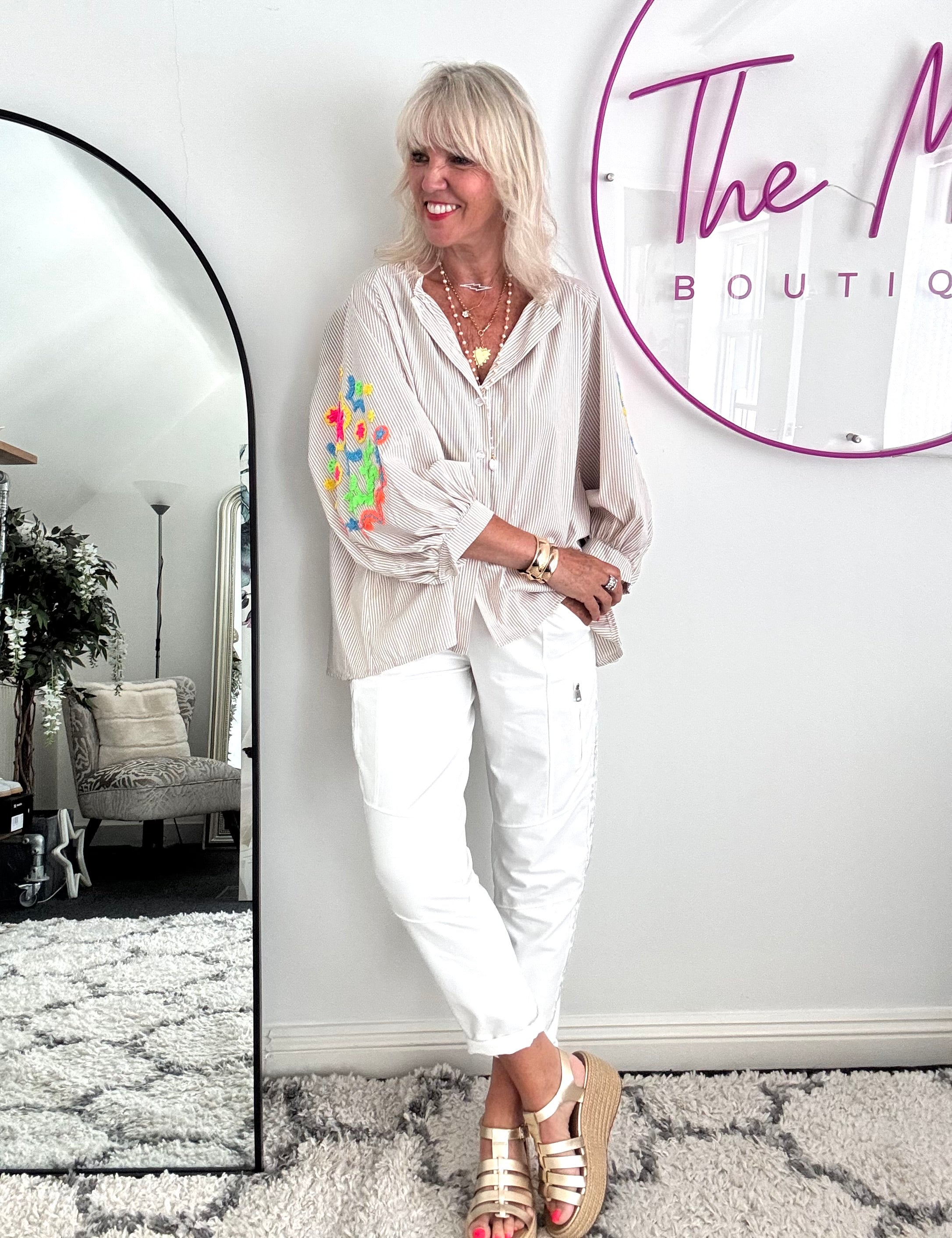 Designer Stripe Shirt with Neon Embroidered Sleeves in Stone
