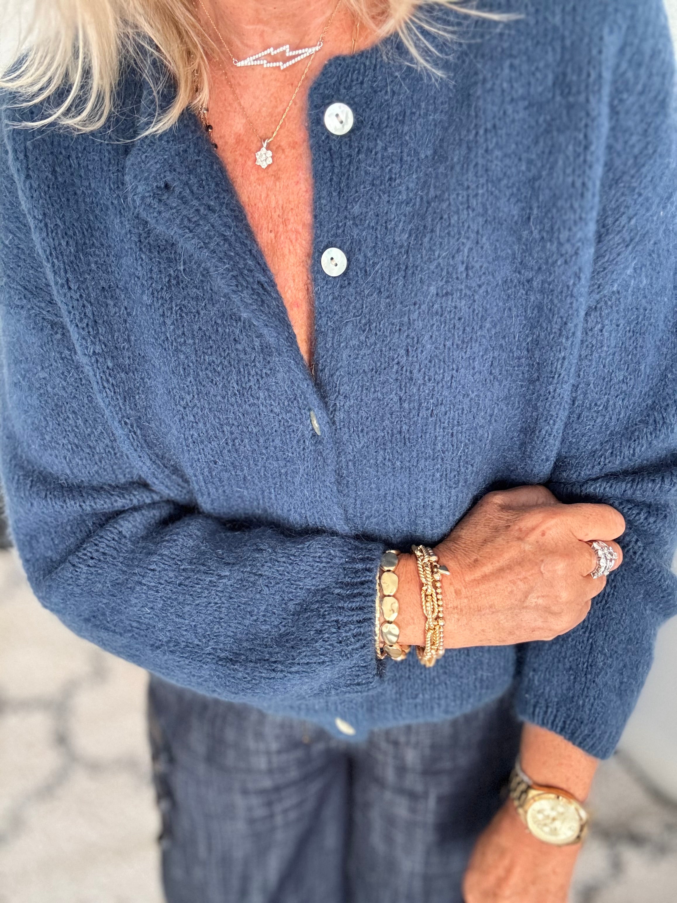 Mohair Buttoned Cardi in Denim Blue