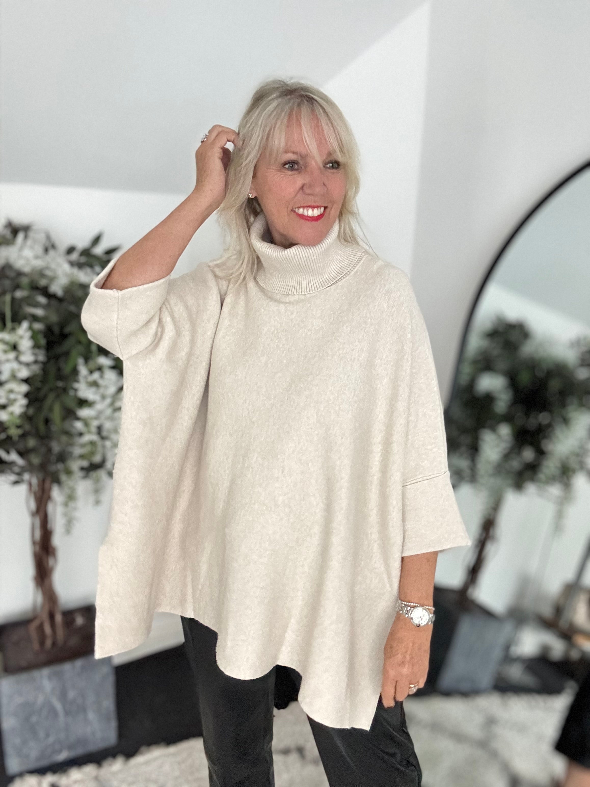 Oversized Roll Neck Poncho Jumper in Ecru