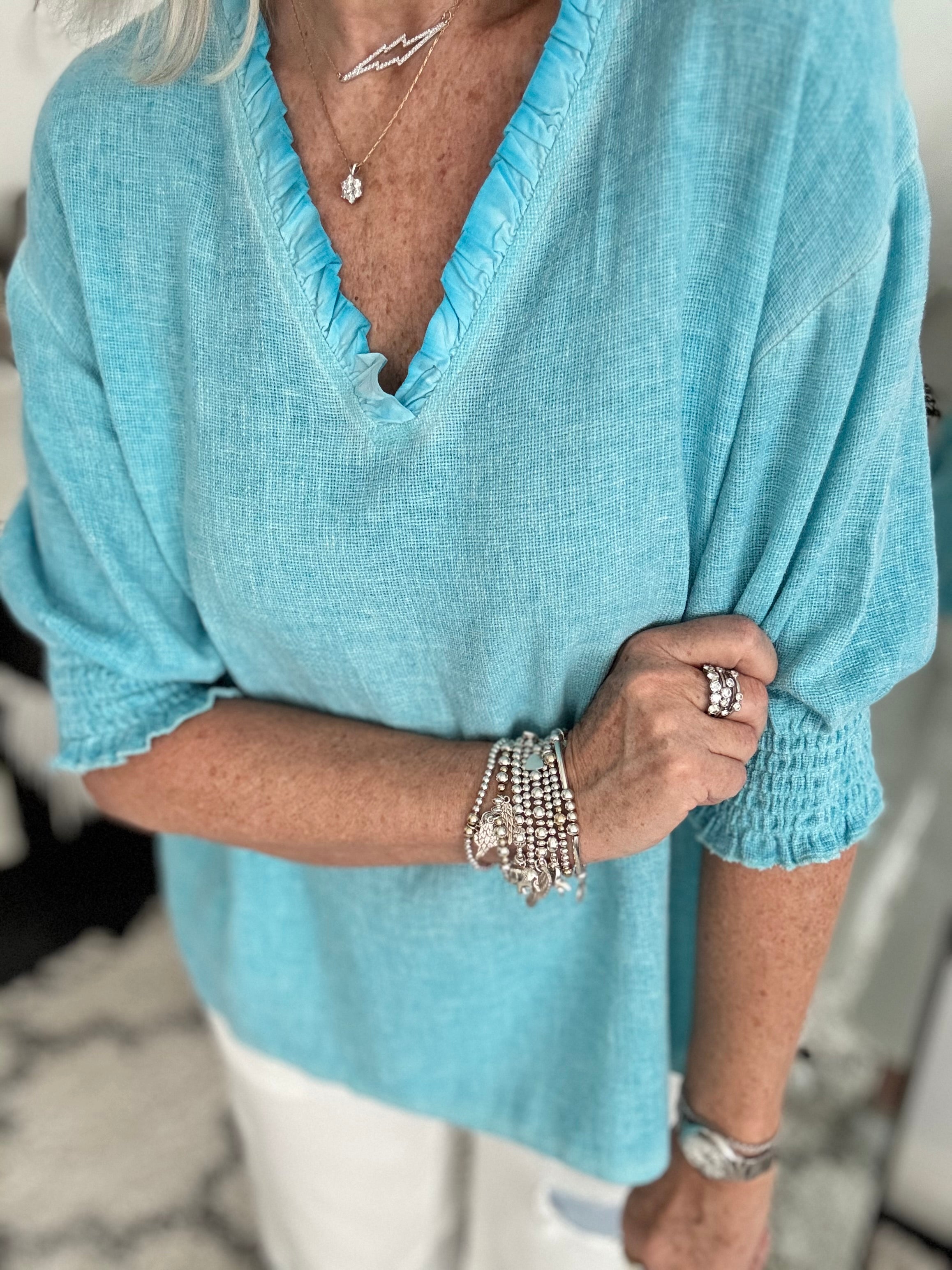 Linen & Cotton Top in Aqua