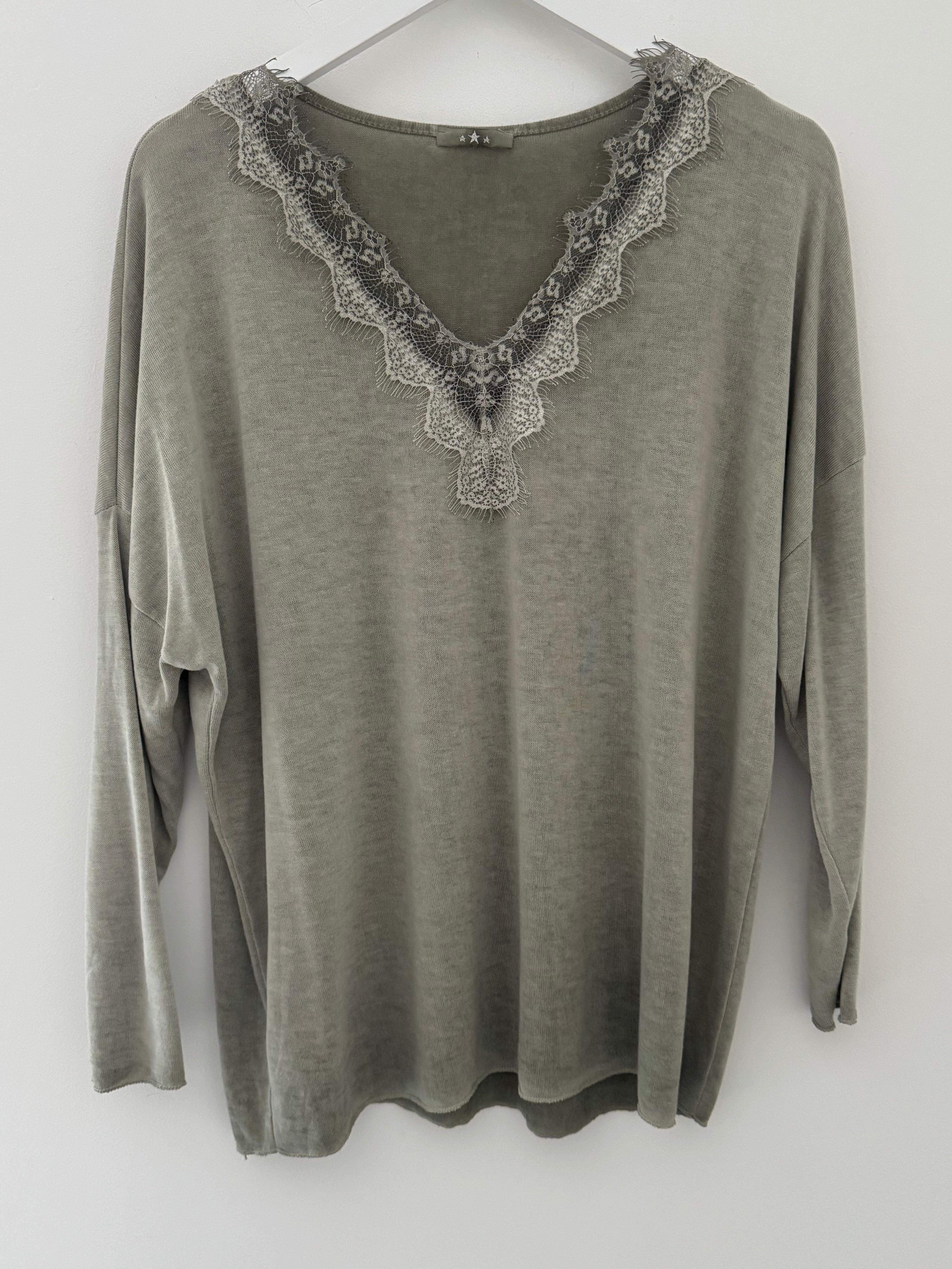 Lace Edge Lightweight Knit in Light Khaki