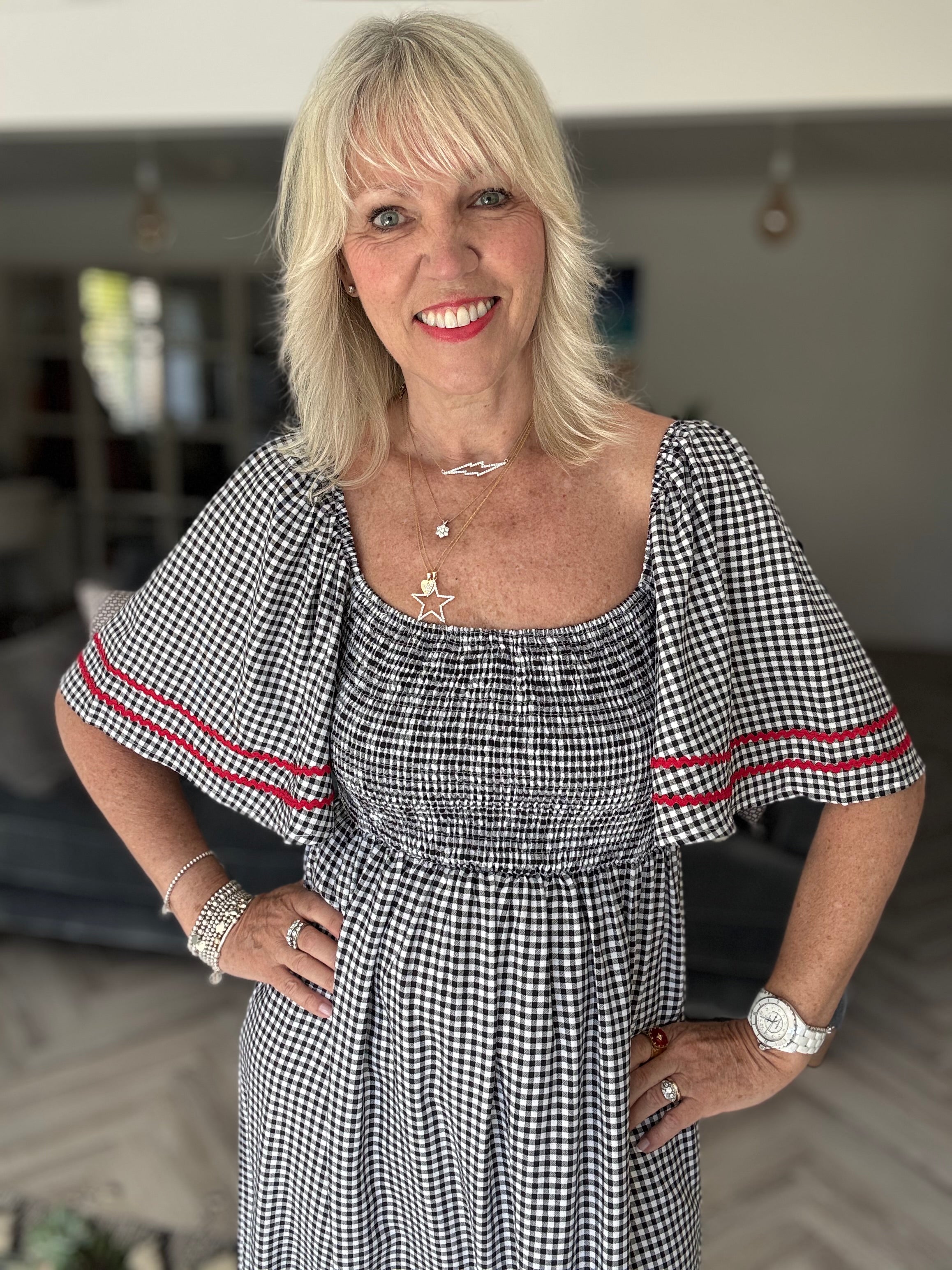 Gingham Dress with Bell Sleeves in Black & White