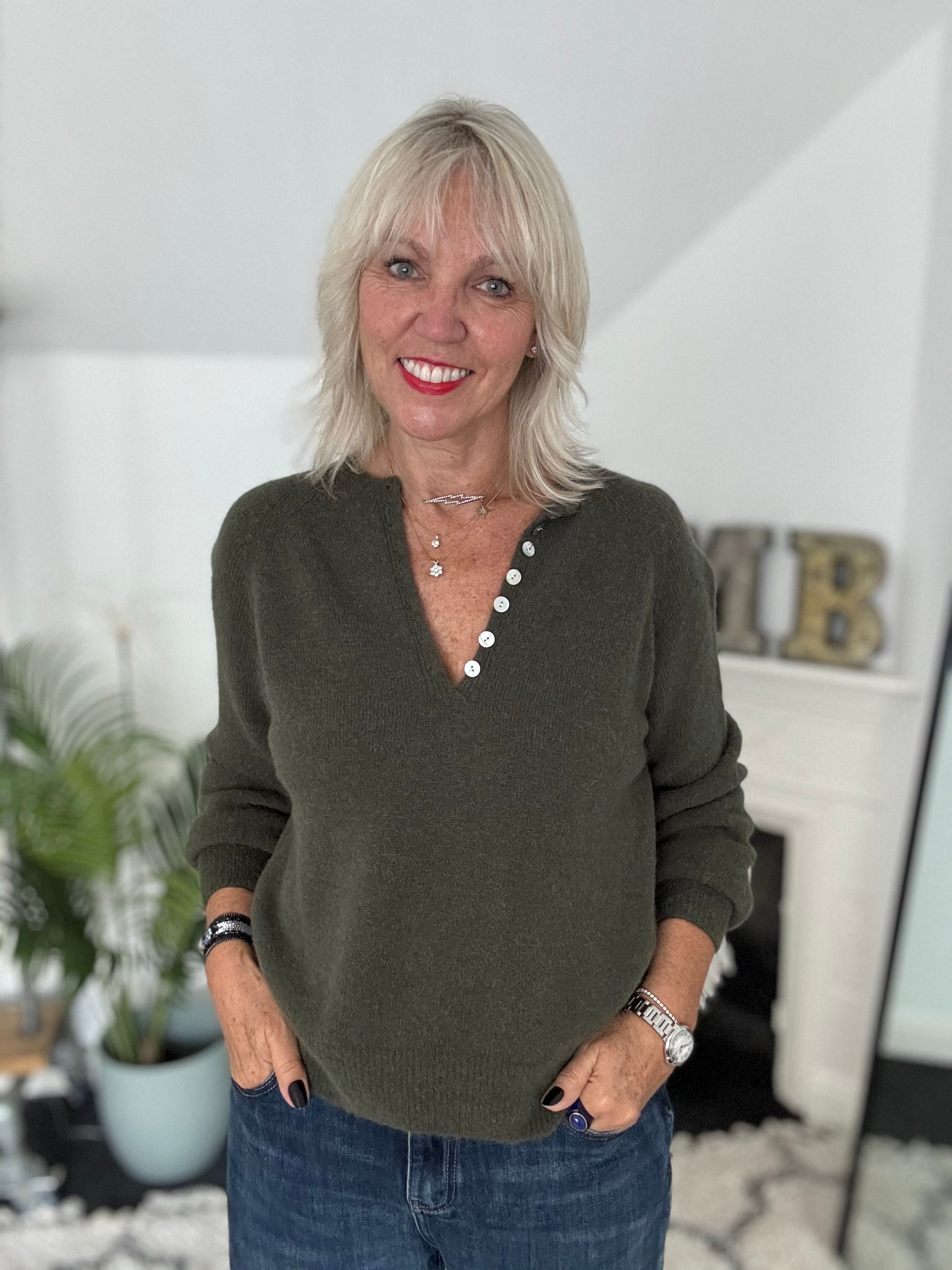 Softie Jumper with Button Neck in Deep Khaki