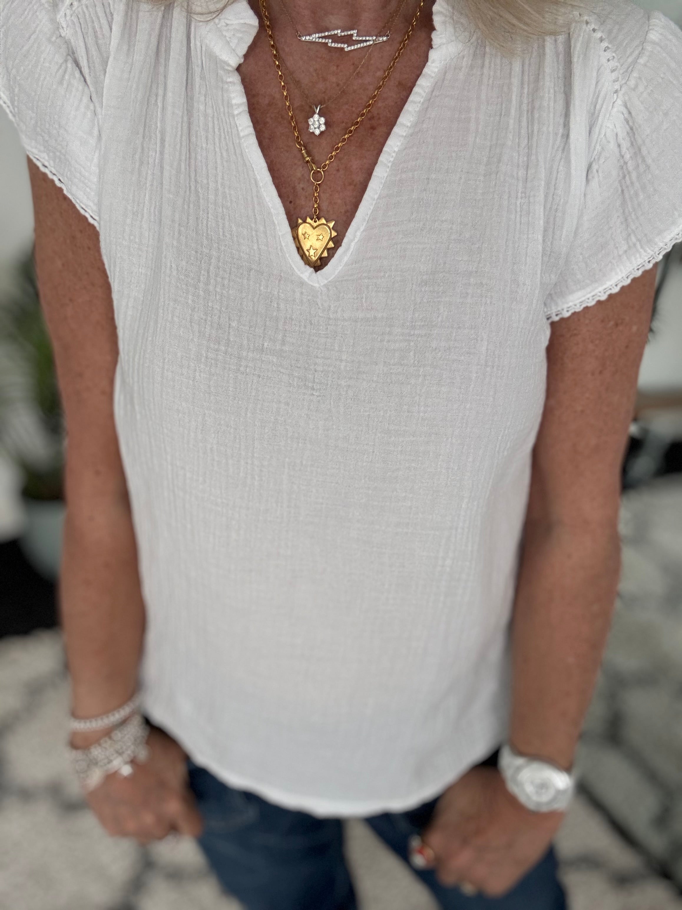 Cheesecloth Top with Ruffle Sleeves in White