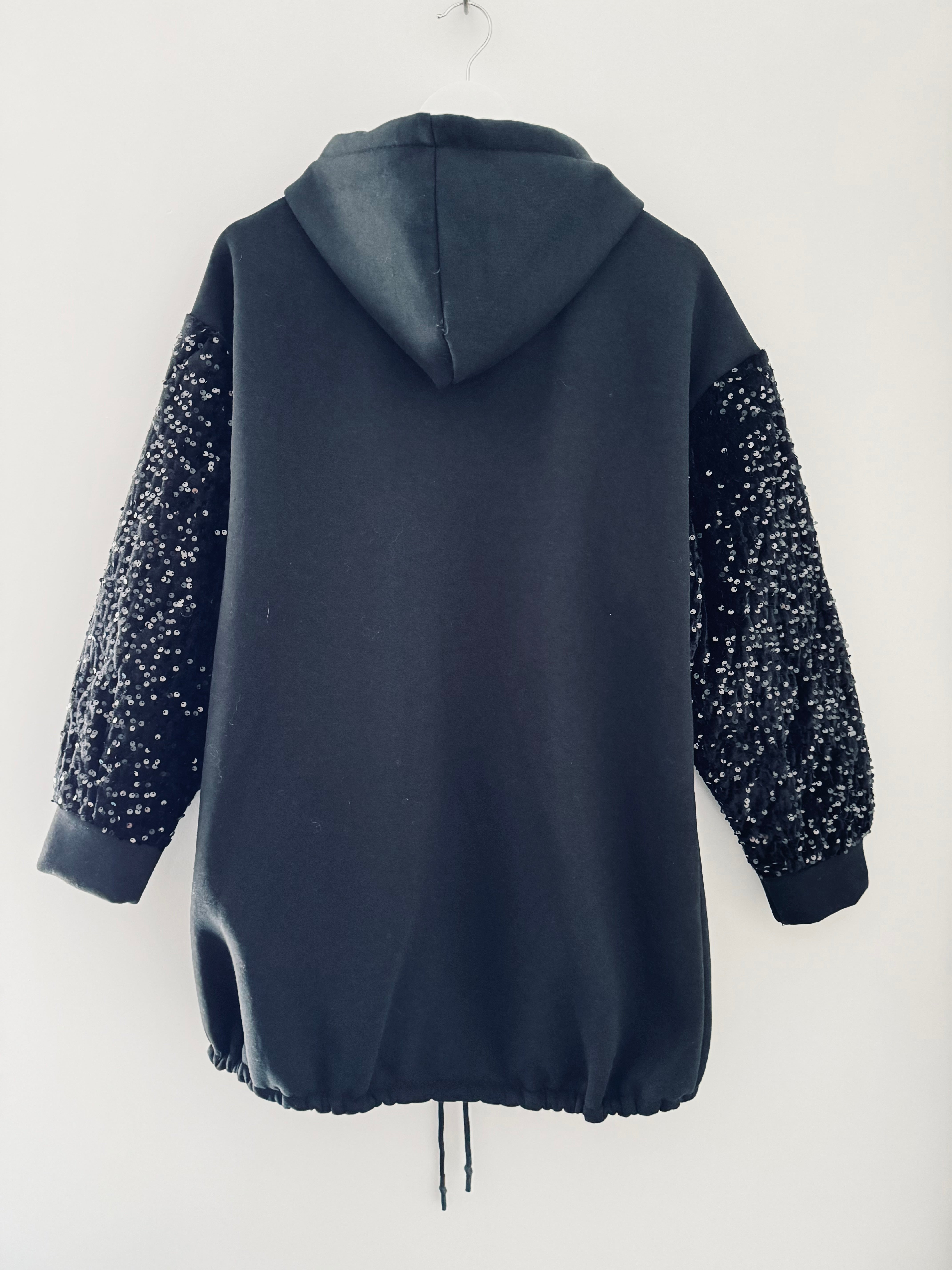 Hooded Jacket with Velvet Sequin Arms in Black