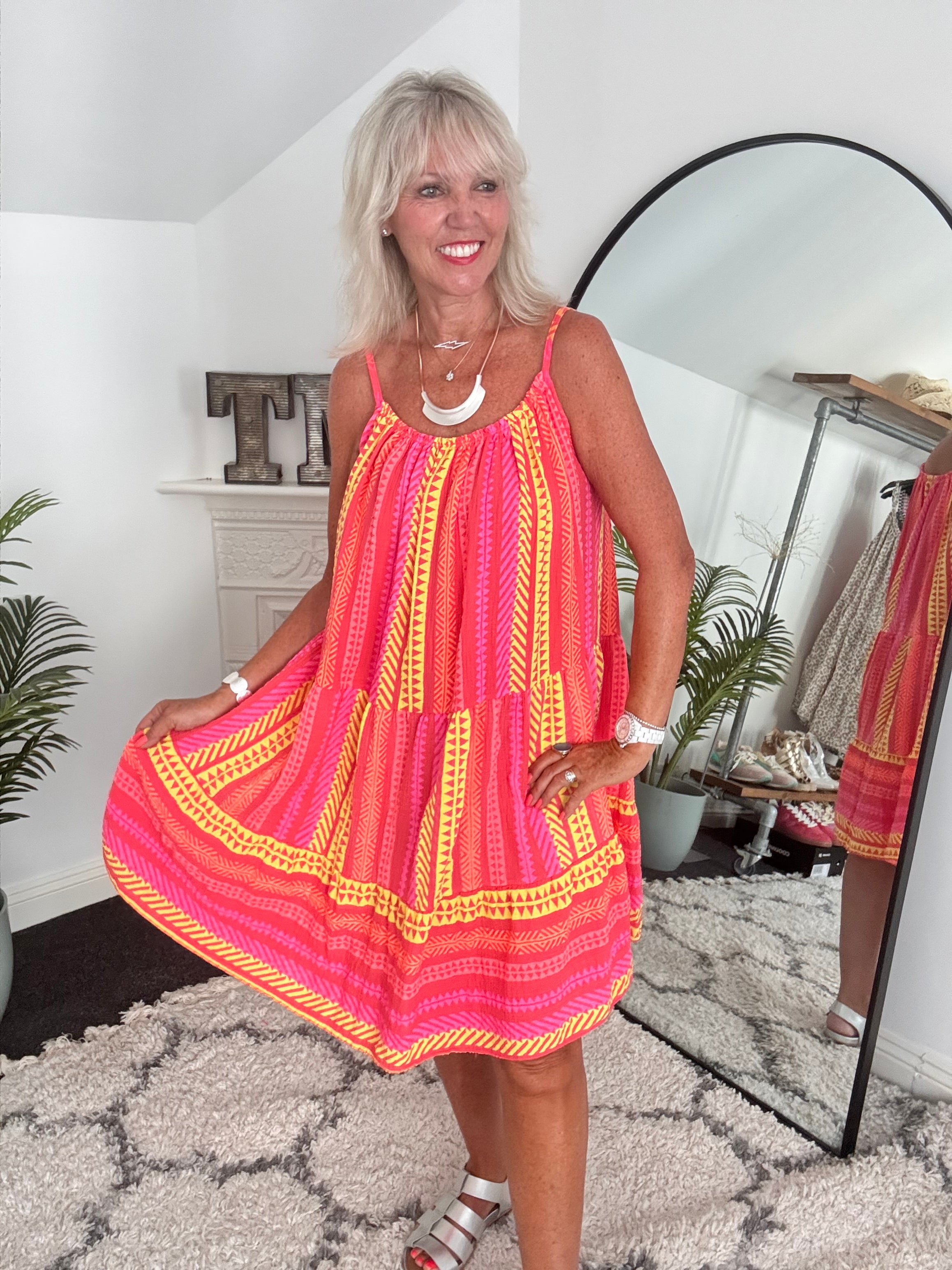 Aztec Cheesecloth Dress in Coral Red