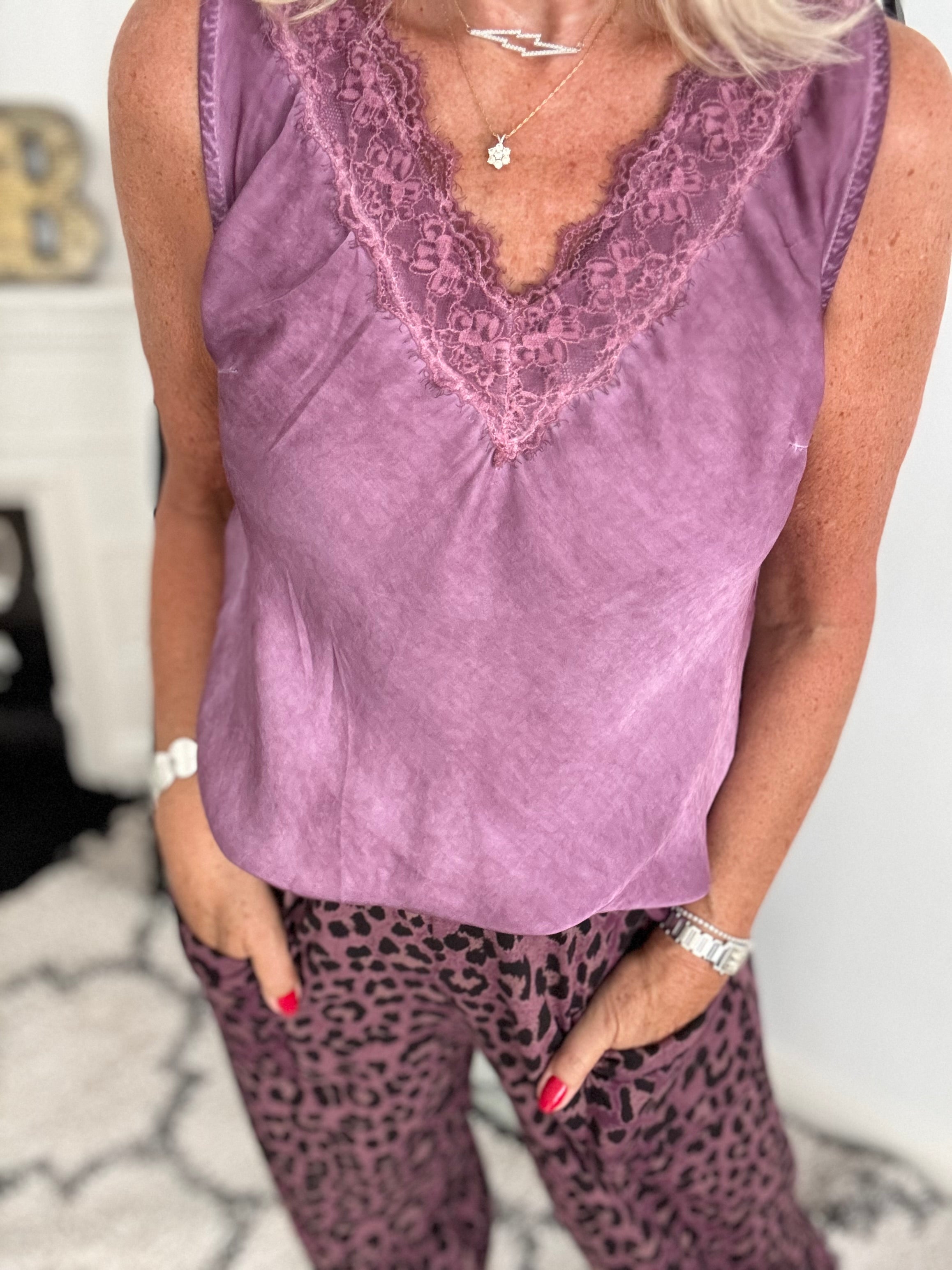 Lace Trim Silk Top in Soft Plum