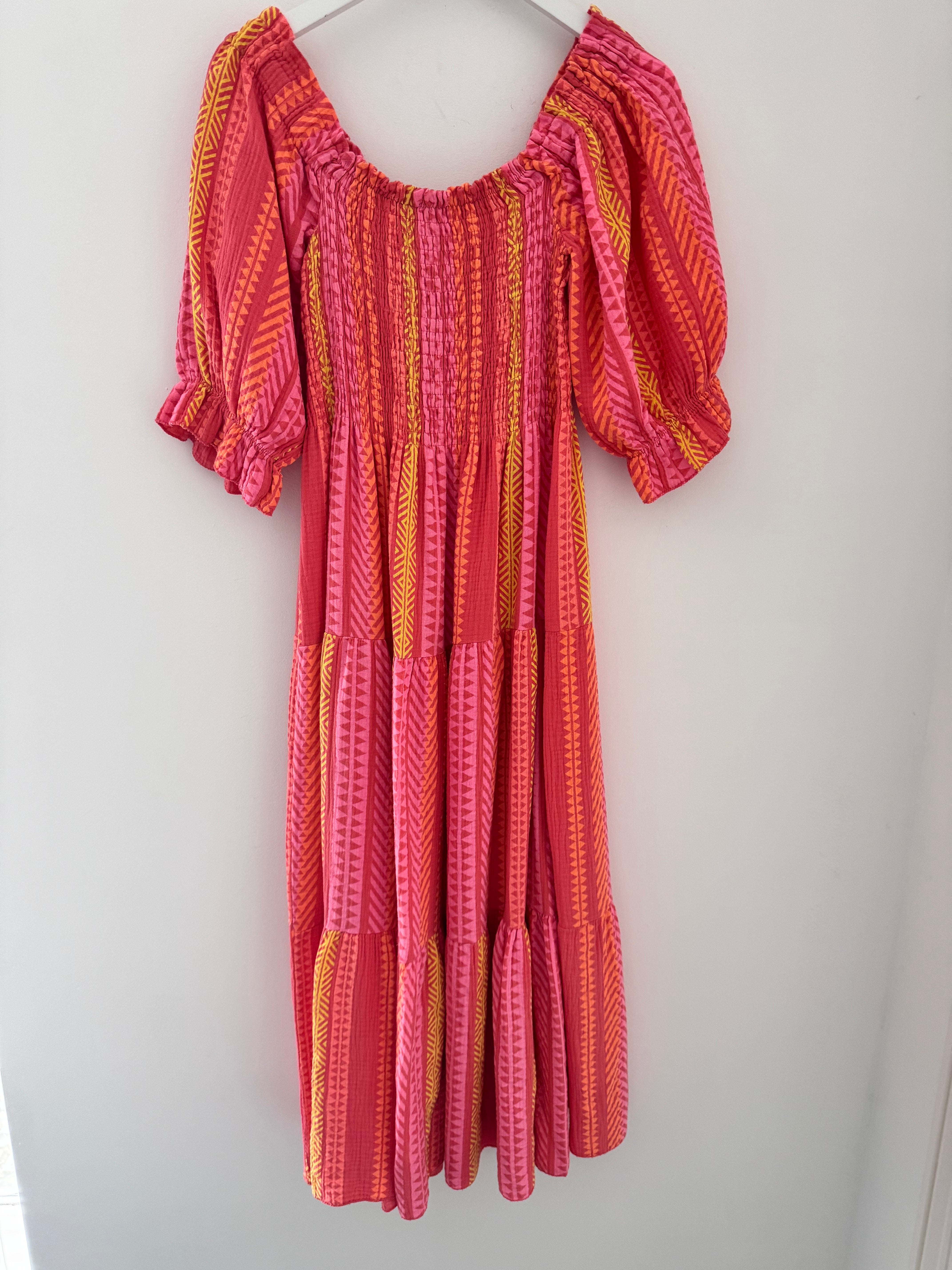Aztec Shirred Midi Dress in Coral & Citrus
