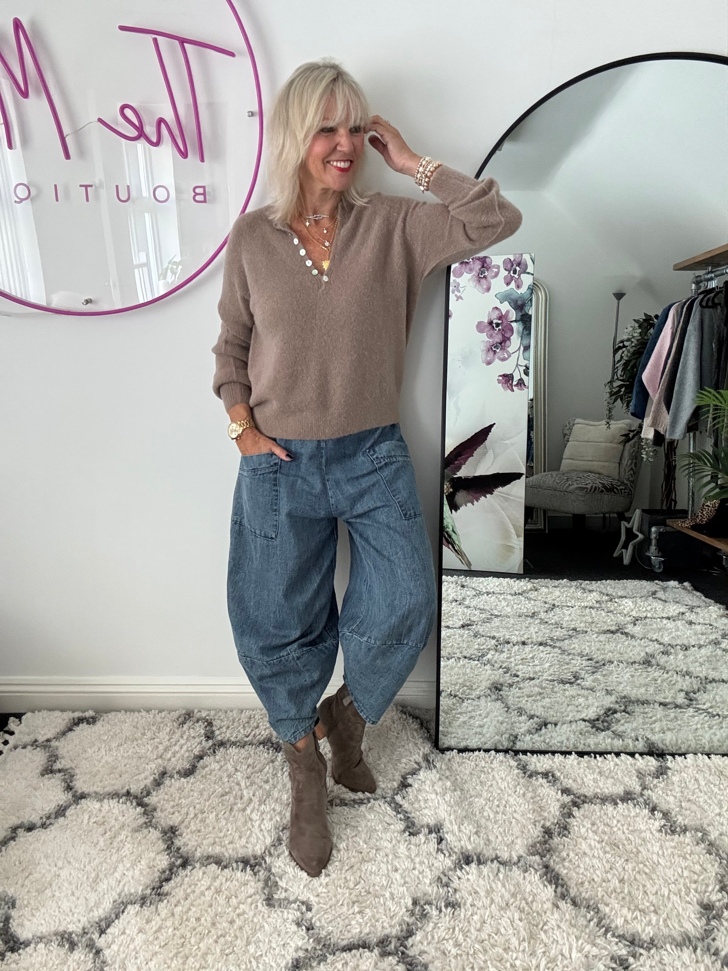 Softie Jumper with Button Neck in Soft Mocha
