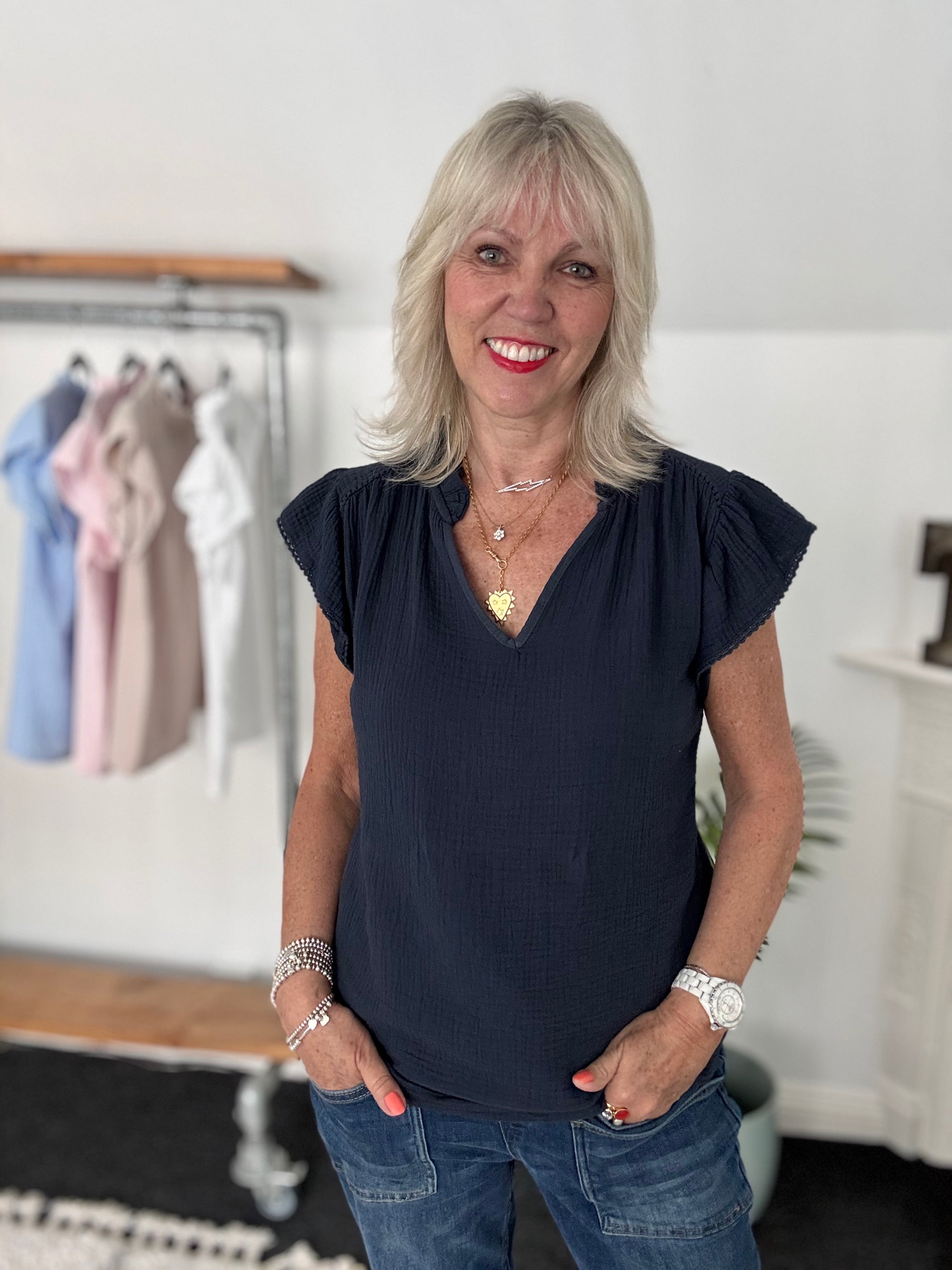 Cheesecloth Top with Ruffle Sleeves in Navy