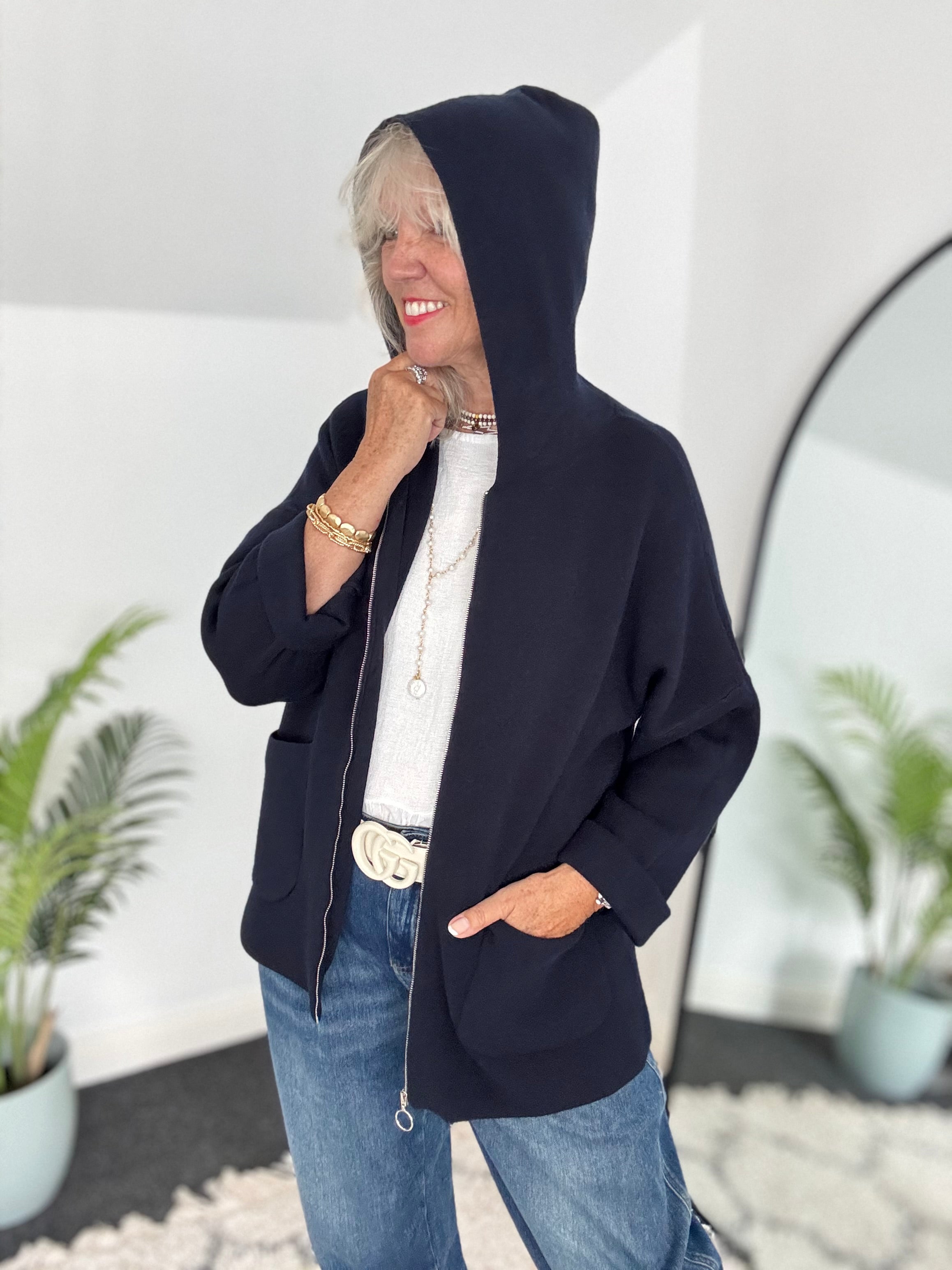 Hooded Zipped Coatigan in Navy