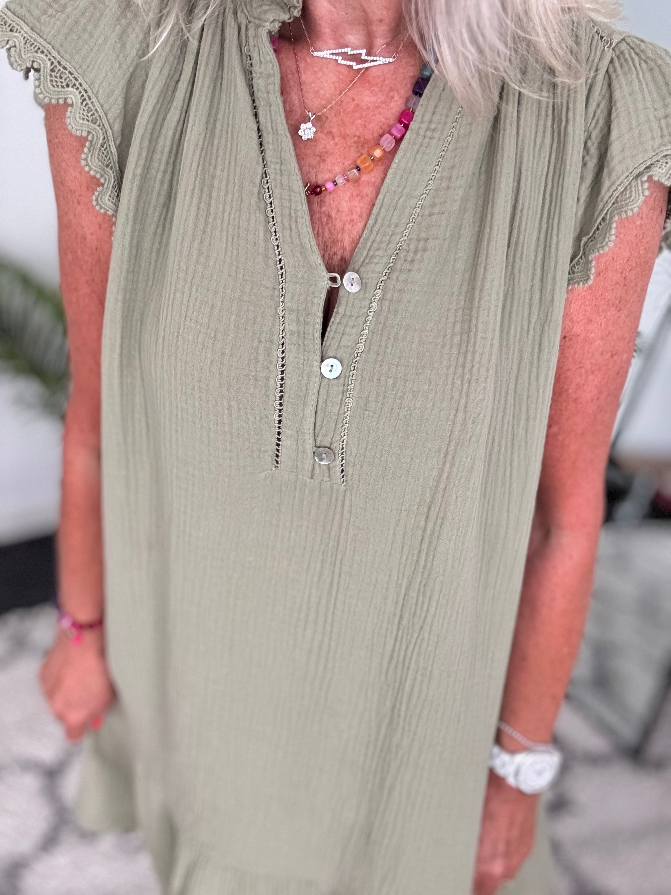 Cheesecloth Dress with Lace Edge Sleeves in Khaki