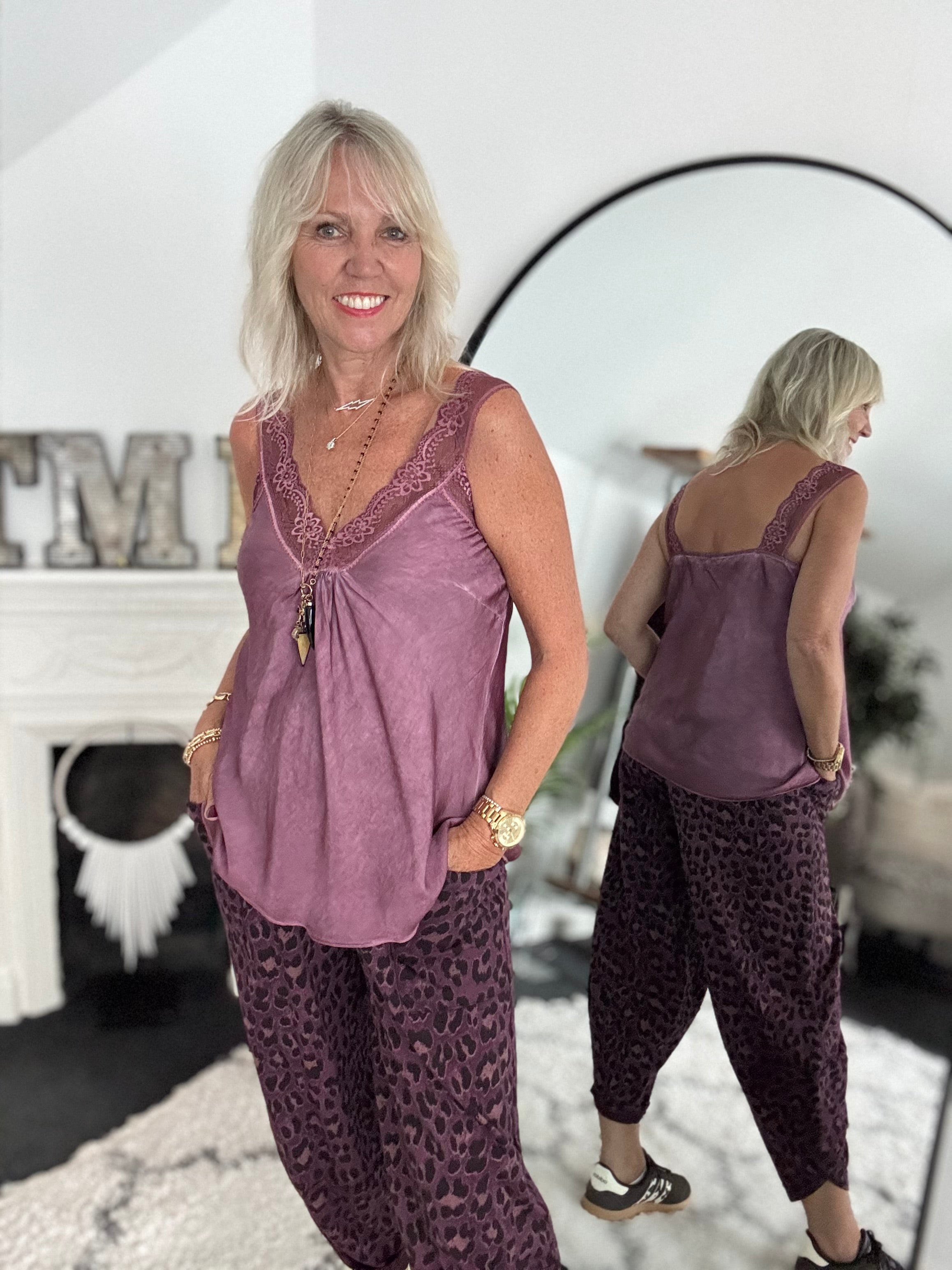 Lace Trim Silk Cami in Plum