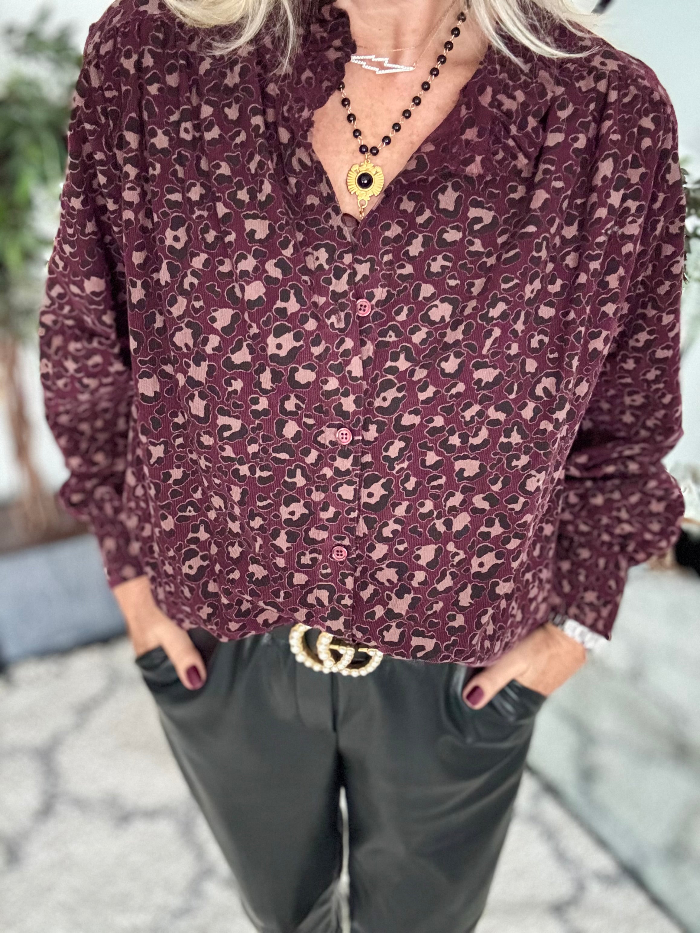 Needlecord Ruffle Blouse in Damson Leopard