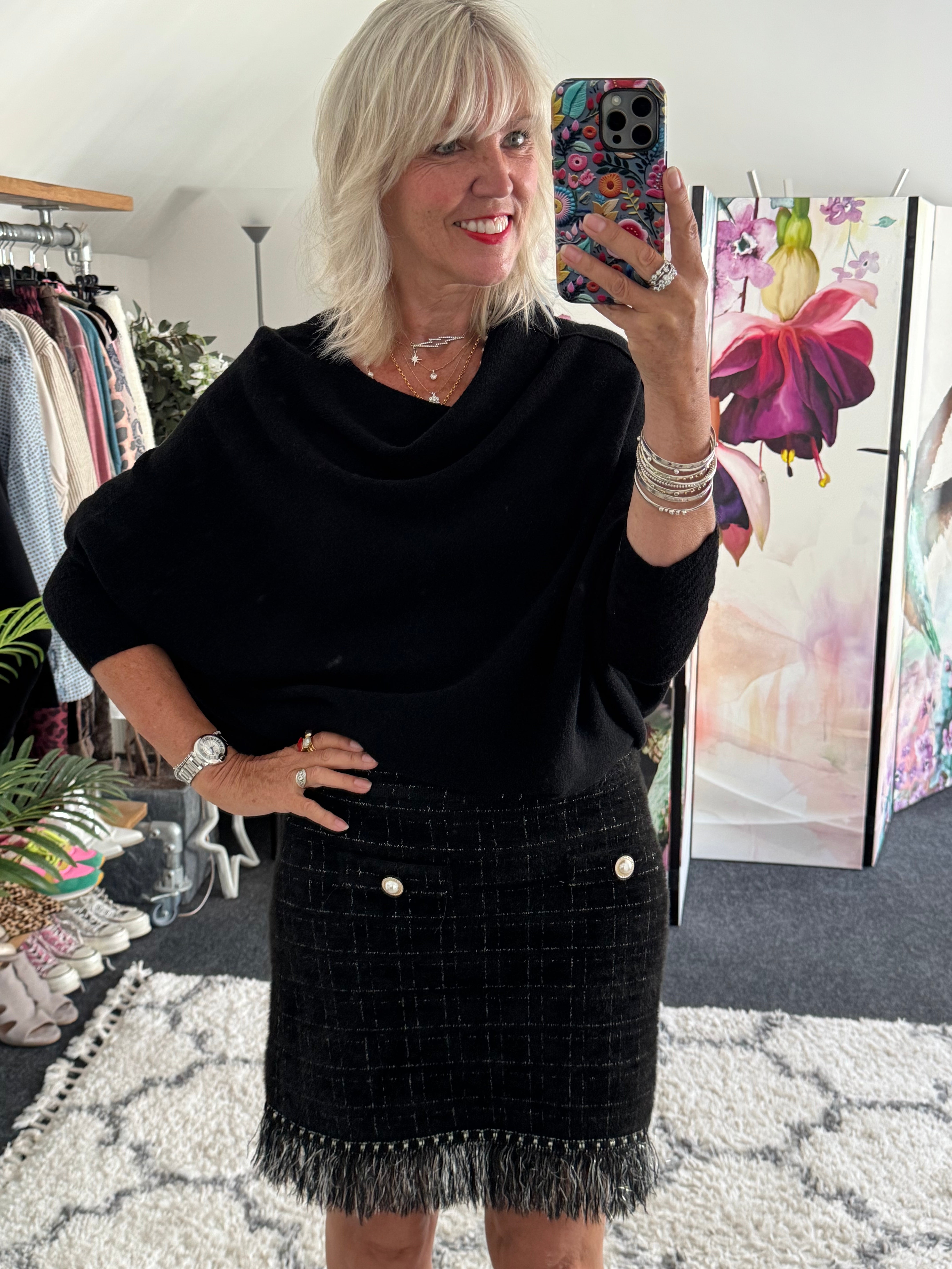 Pearl Button & Tweed Skirt in Black