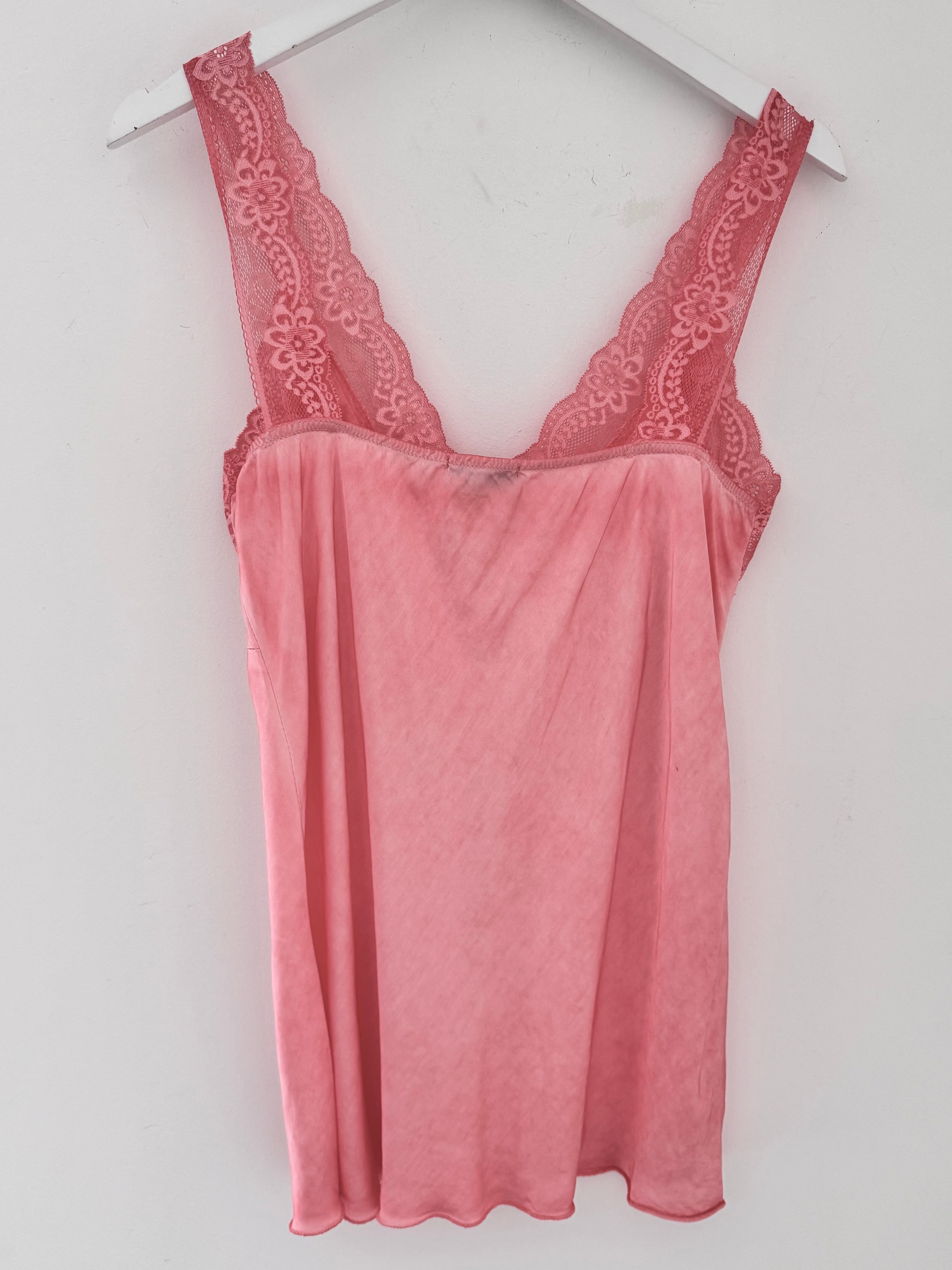 Lace Trim Silk Cami in Coral