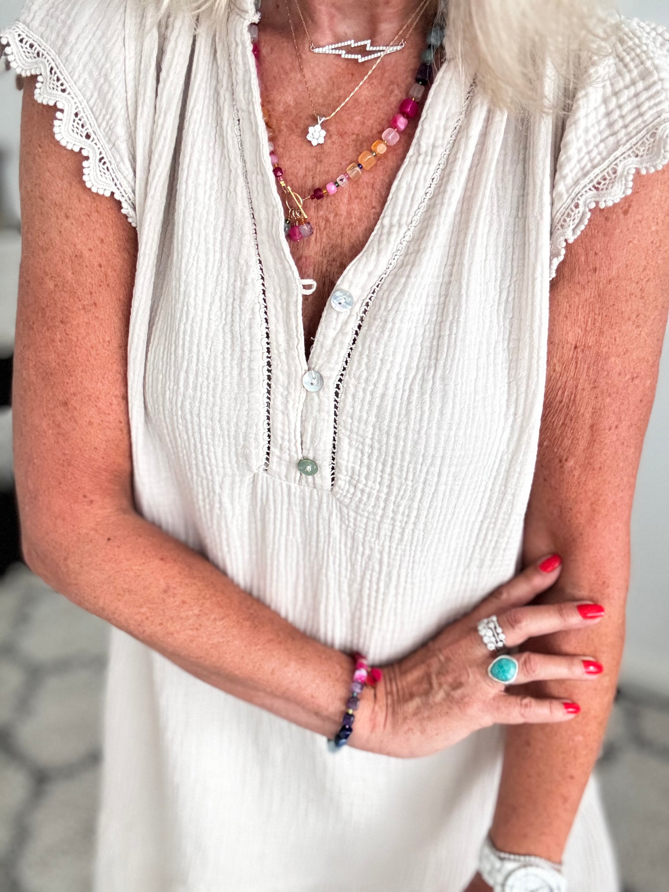 Cheesecloth Dress with Lace Edge Sleeves in Stone