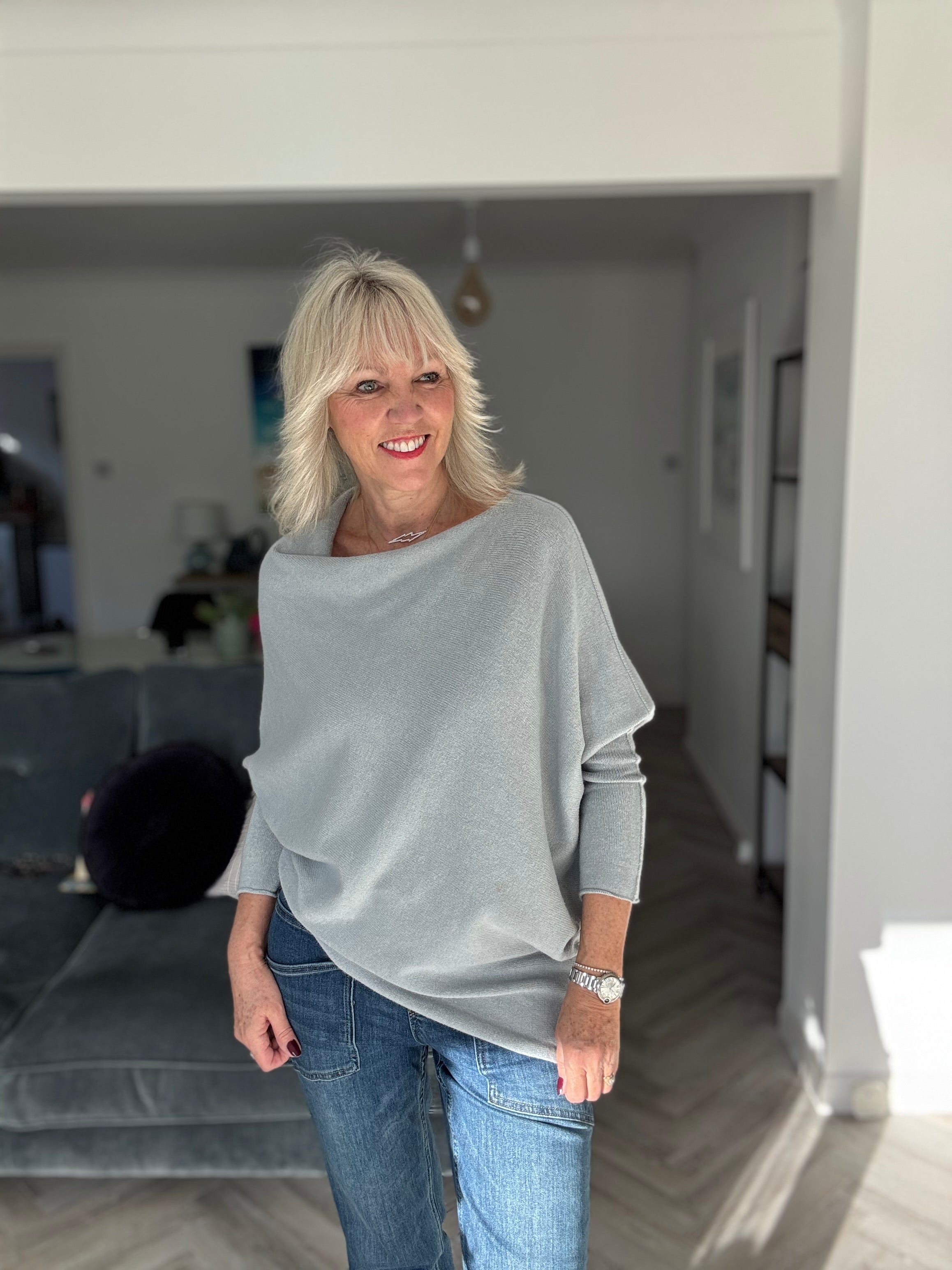 Cowl Neck Asymmetric Jumper in Grey