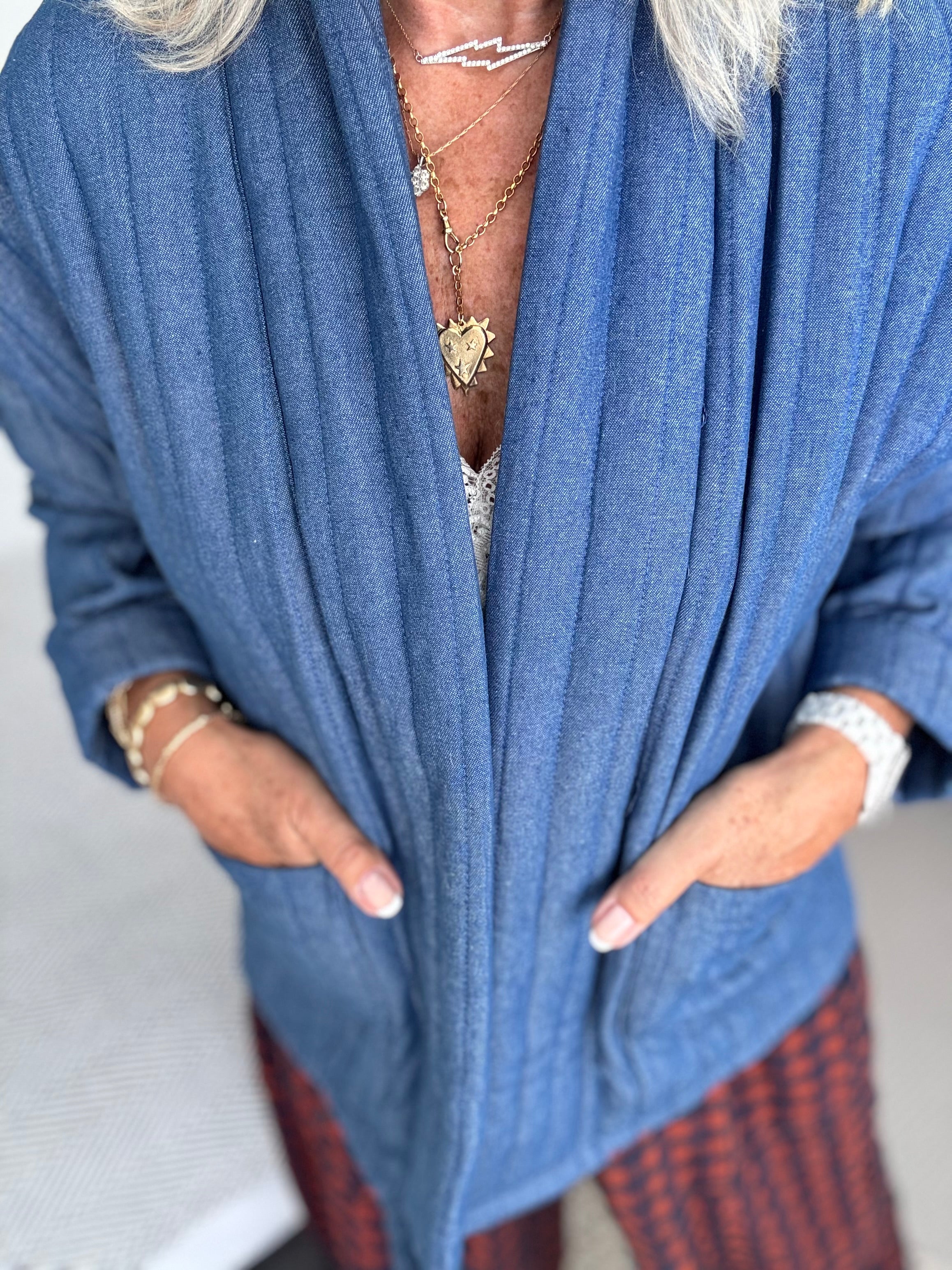 Quilted Kimono Jacket in Chambray