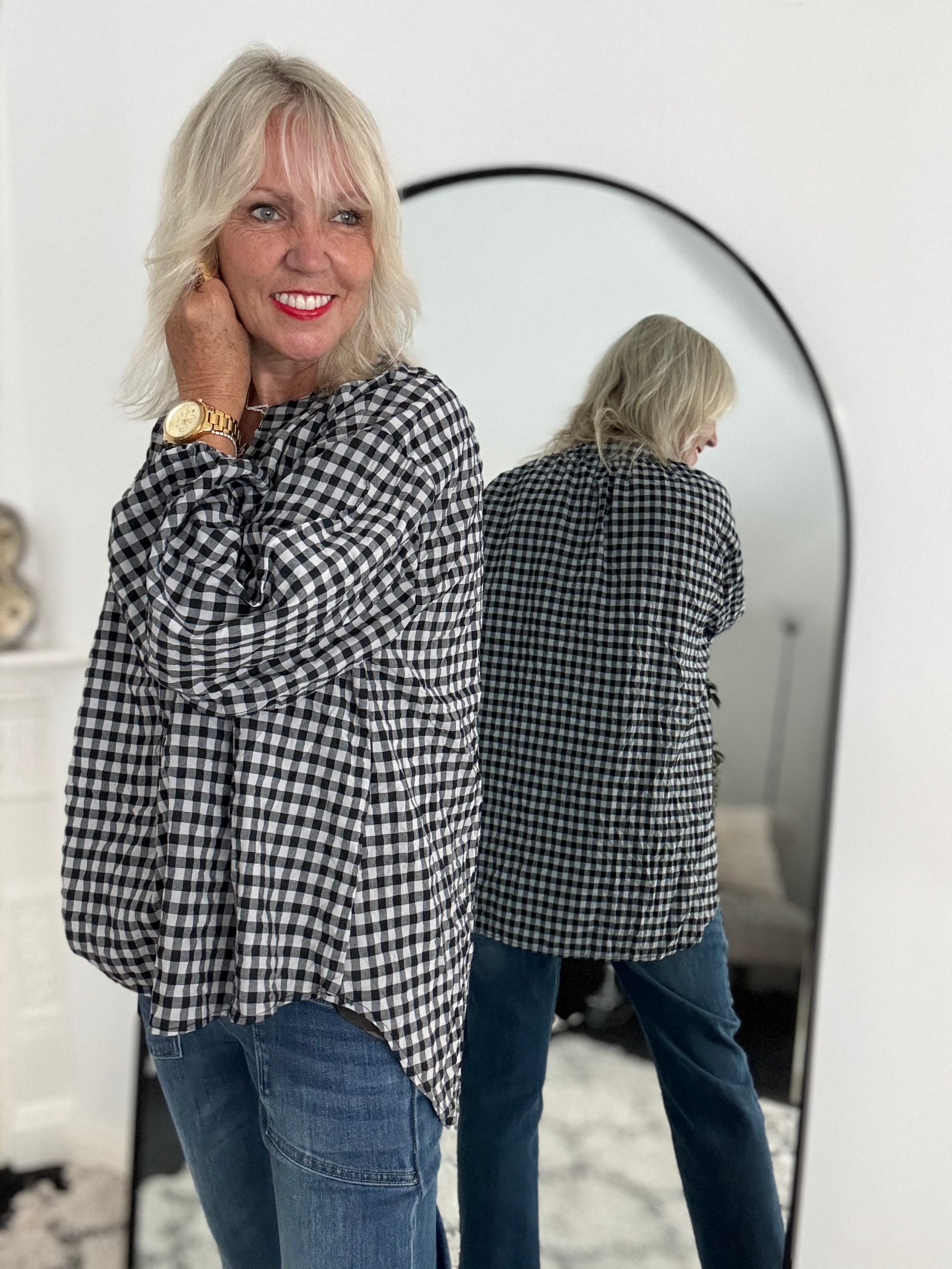 Oversized V Neck Check Top in Black & White