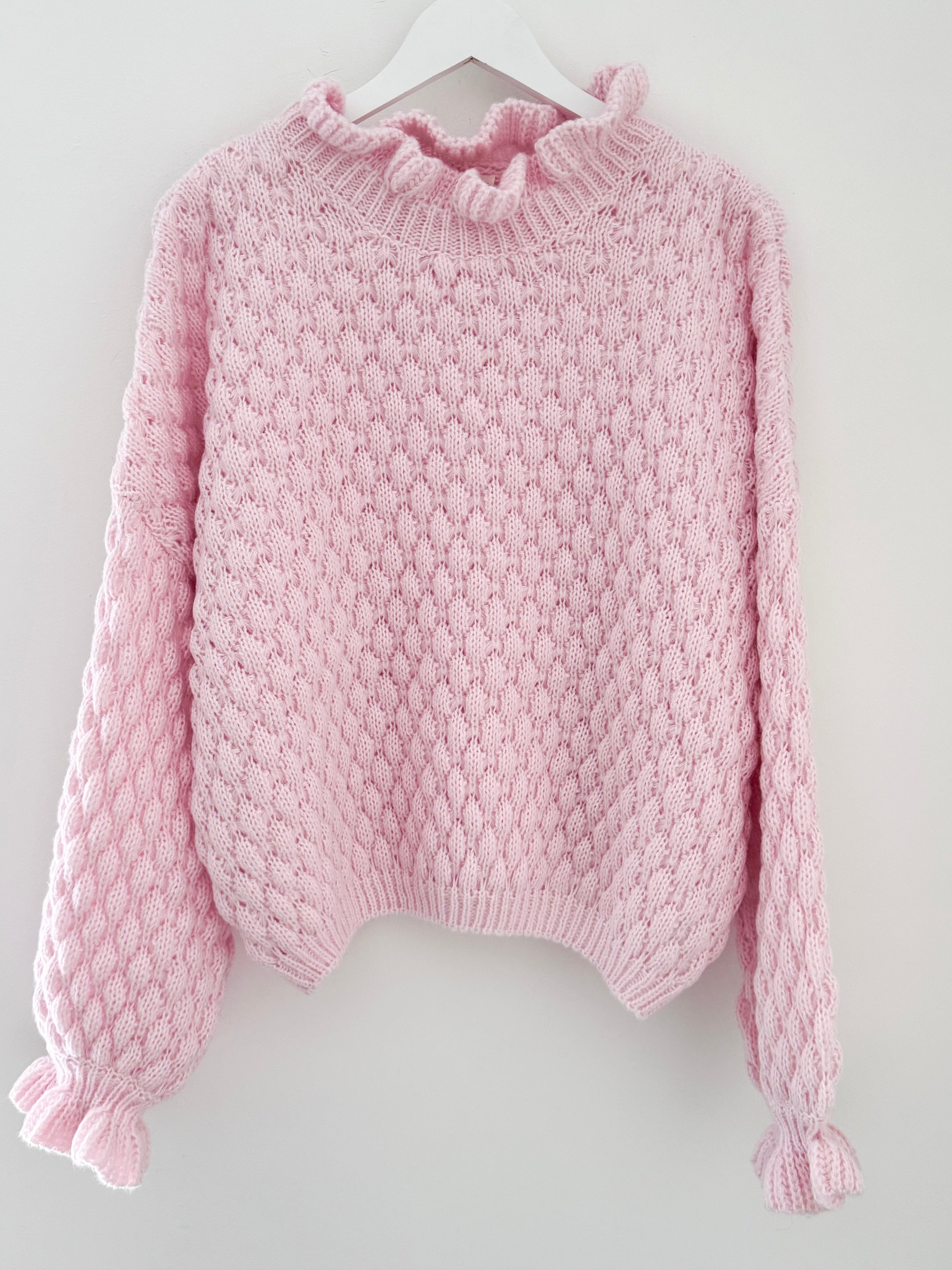Waffle Jumper with Frill Neck in Pink