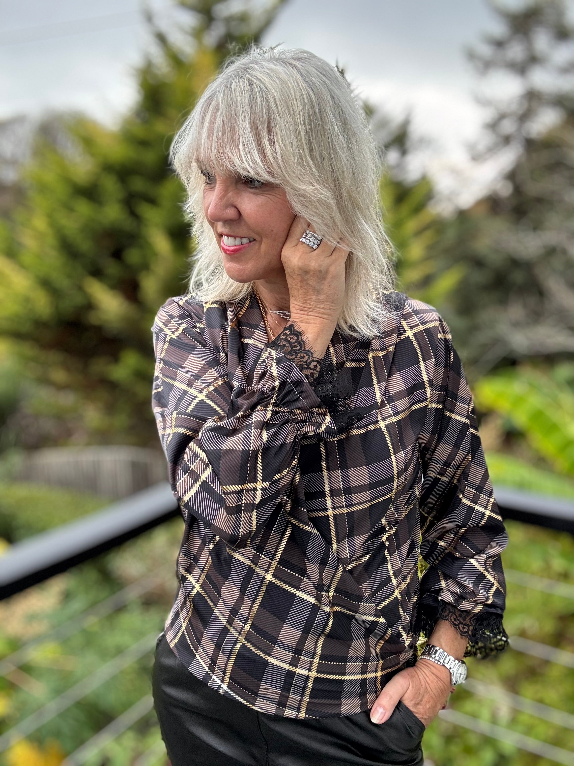 Silky Check Blouse in Chocolate & Black