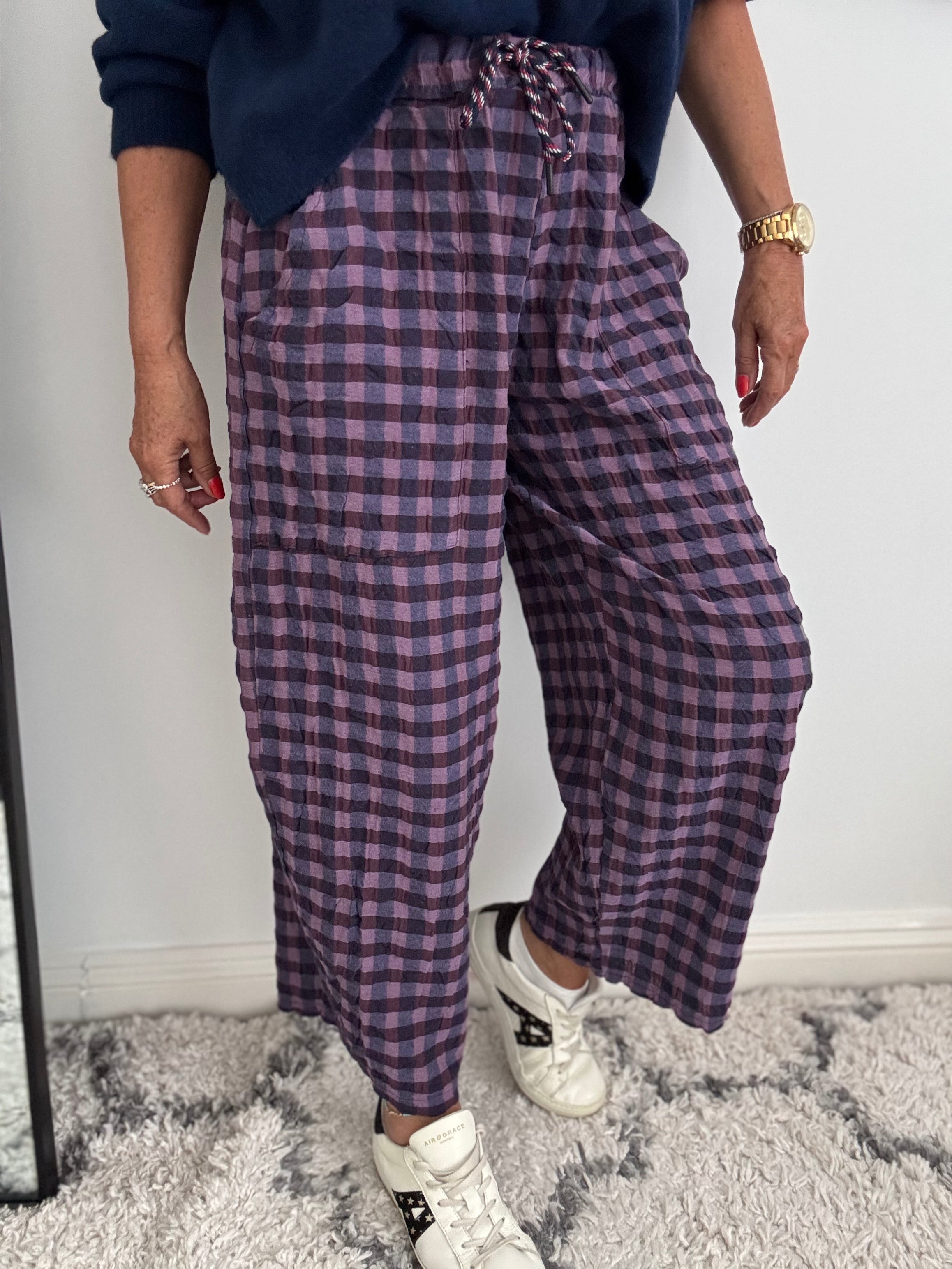 Barrel Check Trousers in Plum & Navy