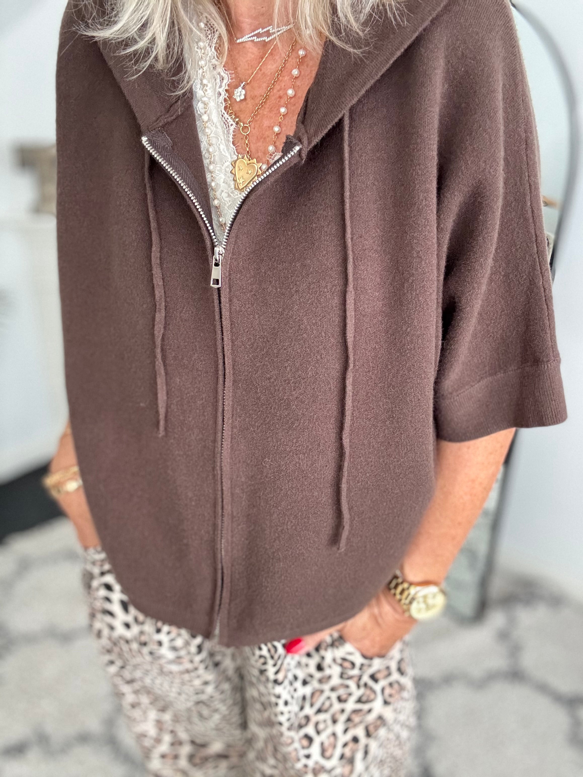 Soft Hooded Zipped Knit in Chocolate