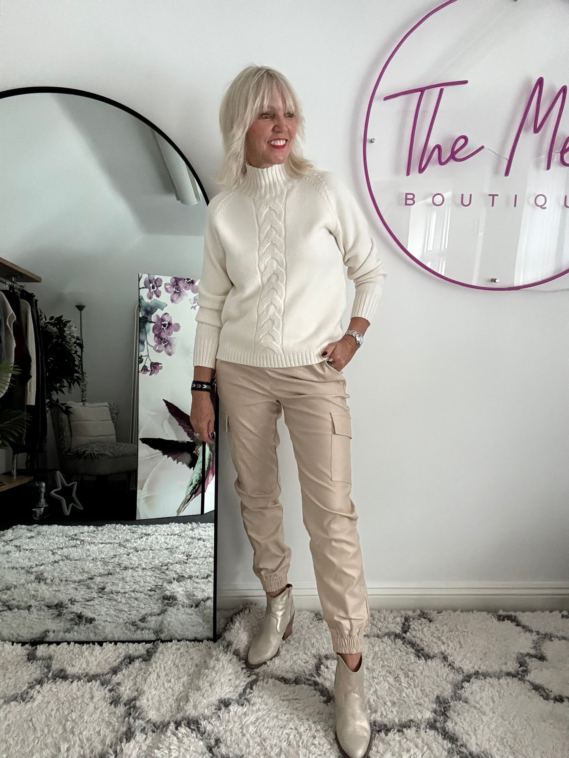 Leather Look Cargo Joggers in Latte