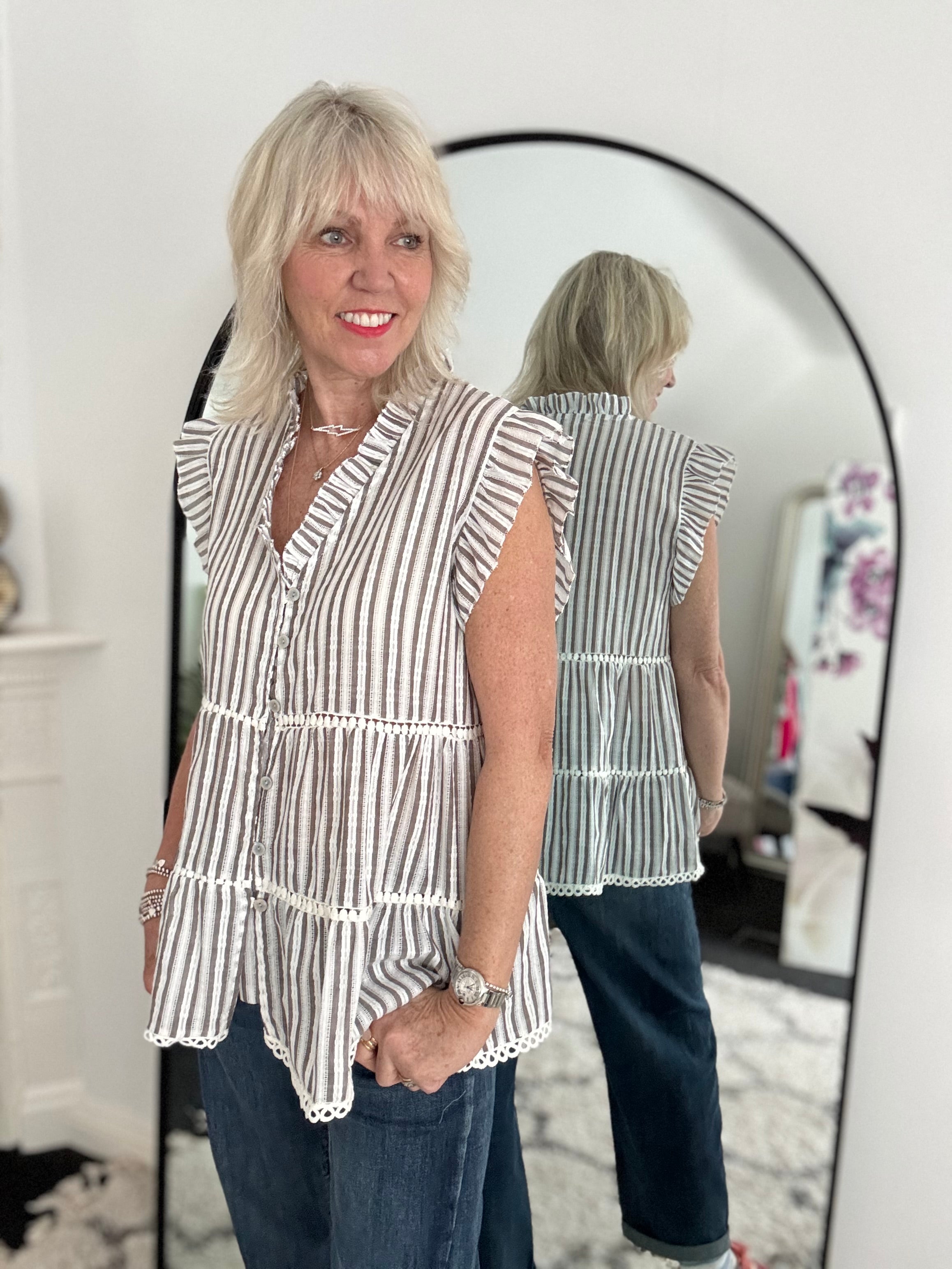 Tiered Cotton Top in Mocha & White Stripe