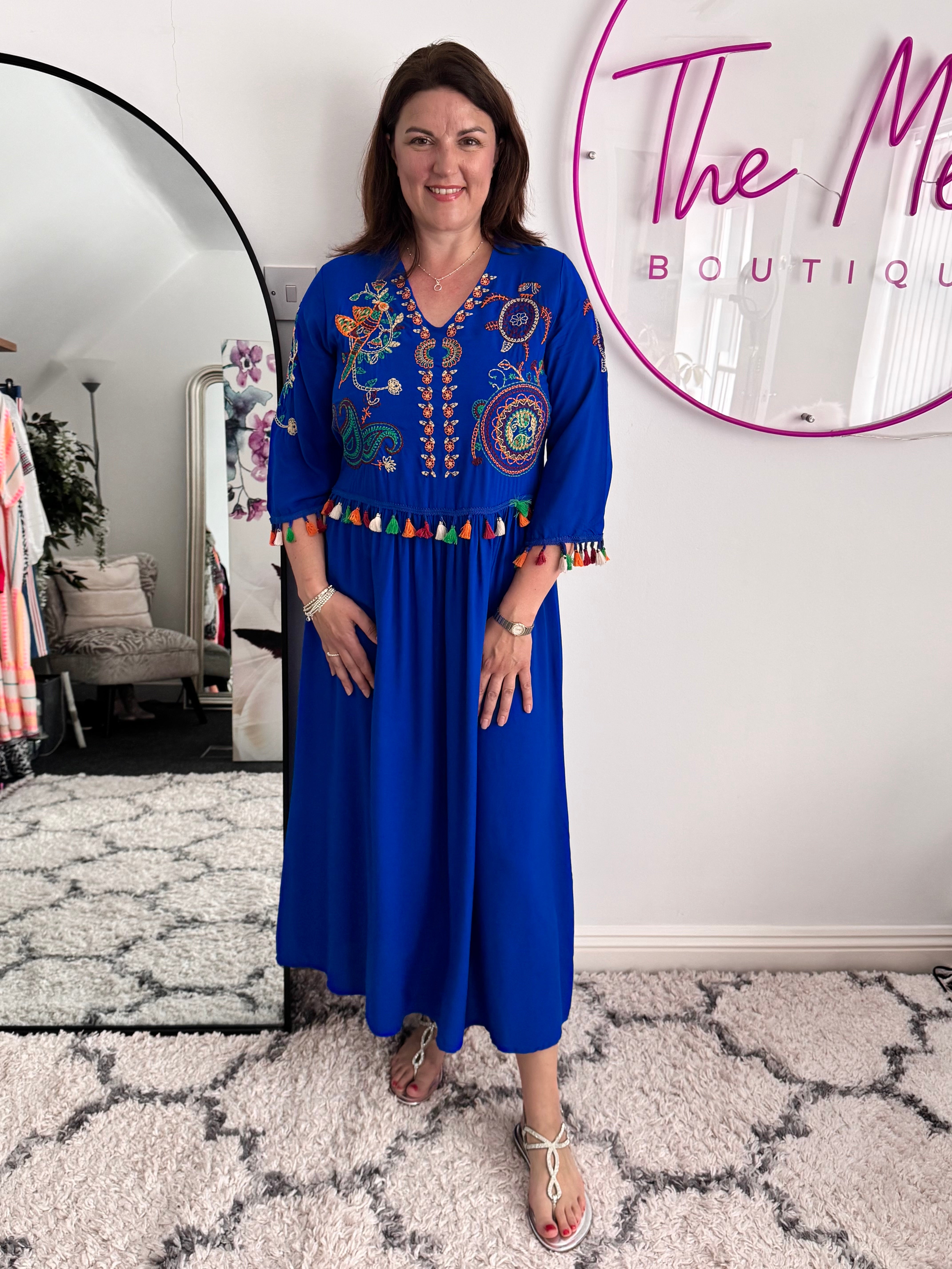 Embroidered Midi Dress in Blue