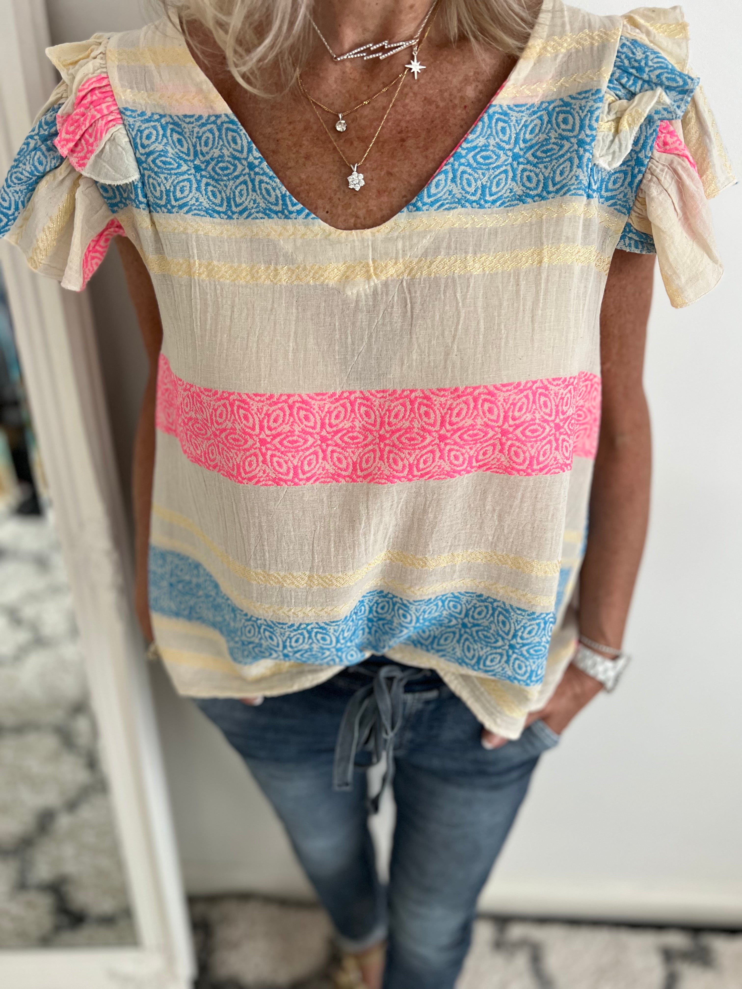 Embroidered Top in Blue & Pink